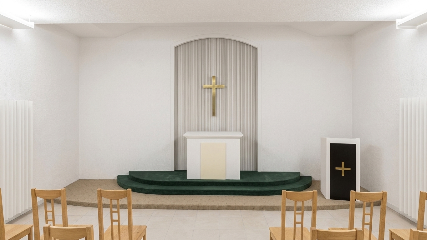 A professional, wide-angle DSLR photograph of a modern chapel interior, capturing the exact composition and perspective of the scene with bright, diffuse white lighting. The walls exhibit a fine, tactile bright white stucco texture, catching the clean light with subtle, realistic micro-shadows. The camera angle is perfectly level and centered, highlighting the symmetrical layout. In the foreground, the wooden chairs are made of light oak with visible satin wood grain and natural imperfections in the varnish. The tiled floor below has a soft, matte finish with clean, subtle grout lines. The raised stage features a low-profile beige carpet with realistic woven fibers, leading to dark forest-green steps with a soft, velvet-like fabric texture. On the altar, the main white block is cleanly rendered with a smooth plaster finish, accented by a cream-colored front panel. Positioned in the arched recess behind the altar is a tall vertical-threaded screen, onto which is mounted a refined, metallic brass cross with arms of equal length, showing a brushed gold sheen that softly reflects the room's ambient light. To the right, the modern white and black lectern has a matte finish, with its small brass equal-armed cross catching a subtle gleam. The overall illumination is soft and even, cast by modern ceiling light fixtures, creating natural, gentle contact shadows and a serene, minimalist atmosphere with a realistic depth of field.