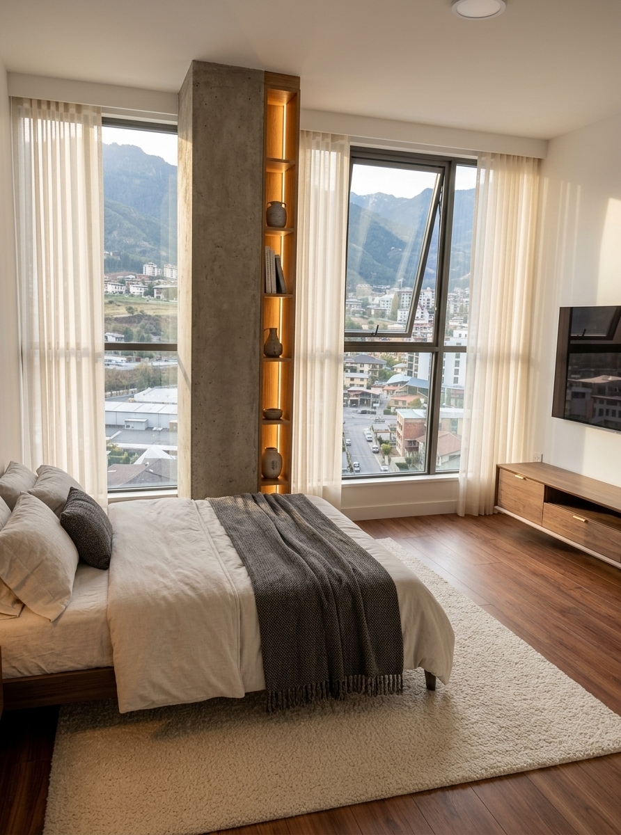 An incredibly lifelike, richly detailed, photorealistic wide-angle interior shot of a luxuriously decorated master bedroom set in a high-rise contemporary apartment overlooking a scenic mountain valley city. The scene is illuminated by soft, golden-hour natural light filtering through the sheer drapes, complemented by warm, integrated LED strip lighting, creating an inviting, tranquil, and sophisticated hotel-room atmosphere. Captured with a 24mm f/2.8 lens on a full-frame camera, emphasizing the rich textures of the textile fabrics, smooth drywall finishes, and polished wood grains, this elegant layout meticulously respects the room's existing architectural bones. Nestled in the main space, a modern low-profile king bed is dressed in layers of crisp off-white linens and textured charcoal-grey throws. Wrapping elegant bespoke shelving around the prominent concrete structural column, a custom warm oak decorative bookcase showcases curated stoneware, art books, and glowing vertical LED backlighting. Motorized, floor-to-ceiling sheer wave-fold curtains in soft ivory gracefully frame the expansive windows, tempering the stunning mountain vista without obscuring it. On the pristine white accent wall to the right, a flush-mounted ultra-thin OLED television sits above a sleek, low-slung floating wooden media console with brass hardware, providing functional storage while maintaining clean lines. A large, plush cream bouclé area rug sits beneath the bed, softening the rich reddish-brown wood plank flooring and completing this harmonious, practical sanctuary designed for premium comfort.