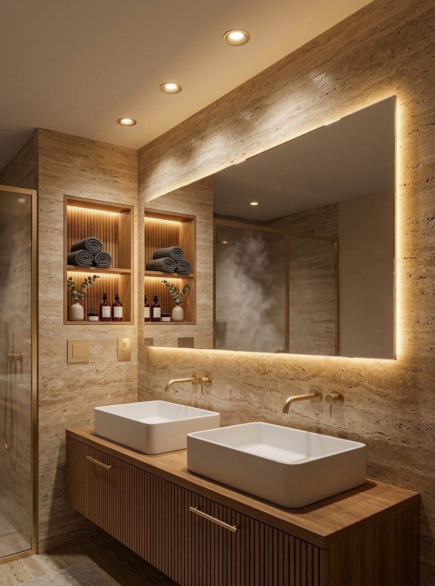 An incredibly lifelike, richly detailed, photorealistic medium-wide interior shot of a modernized, spa-like hotel bathroom set in a luxurious contemporary suite. The scene is illuminated by a combination of warm, integrated LED-backlit mirrors and soft, recessed ceiling spotlights, creating a serene, intimate, and deeply relaxing atmosphere. Captured with a 35mm f/1.8 lens, emphasizing the rich textures of the natural fluted wood, polished stone, and matte metallic finishes, this elevated layout maintains the original plumbing footprint while drastically modernizing the aesthetic. The dual ceramic basins are replaced with elegant, matte-white solid-surface vessel sinks sitting atop a floating vanity crafted from rich, warm fluted natural oak. Instead of the simple tiles, a stunning floor-to-ceiling accent wall of warm-toned, honed travertine stone rises behind the vanity, accented by sleek wall-mounted faucets in brushed champagne gold. A massive, custom-fit horizontal mirror floats against the travertine, casting a soft, ambient halo of golden LED light from behind its polished edges. On the adjacent wall, a beautifully integrated recessed niche lined in matching natural oak wood is softly illuminated, showcasing neatly rolled charcoal-grey waffle-weave towels, a small minimalist ceramic vase with a eucalyptus sprig, and luxurious amber glass toiletries that complete the high-end, contemporary spa aesthetic.