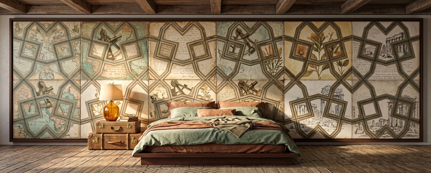 An incredibly lifelike, richly detailed, photorealistic wide-angle architectural shot of a sophisticated traveler’s bedroom sanctuary set in a sun-drenched, rustic-modern industrial loft. The scene is illuminated by soft, golden morning light streaming through large gridded windows, creating a serene, adventurous, and cozy atmosphere. Captured with a medium-format camera and a 35mm tilt-shift lens, emphasizing the rich wood grains of the exposed ceiling beams, the tactile weave of the linen bedding, and the complex textures of a large, framed "traveler’s trove" painting taking pride of place above the bed. This focal artwork is a rich tapestry of vintage world maps, aged parchment, tarnished brass sextants, and delicate botanical illustrations, its canvas catching the raking light to reveal beautiful paint textures, fine cracks, and gold-leaf accents. Below the painting, a low-profile mahogany platform bed is dressed in layers of sage green and terracotta linen sheets, slightly rumpled to suggest recent waking, while a stack of worn, brass-latched leather suitcases serves as an eclectic nightstand supporting a warm-glowing amber glass lamp, creating a perfectly balanced composition of wanderlust and domestic comfort.