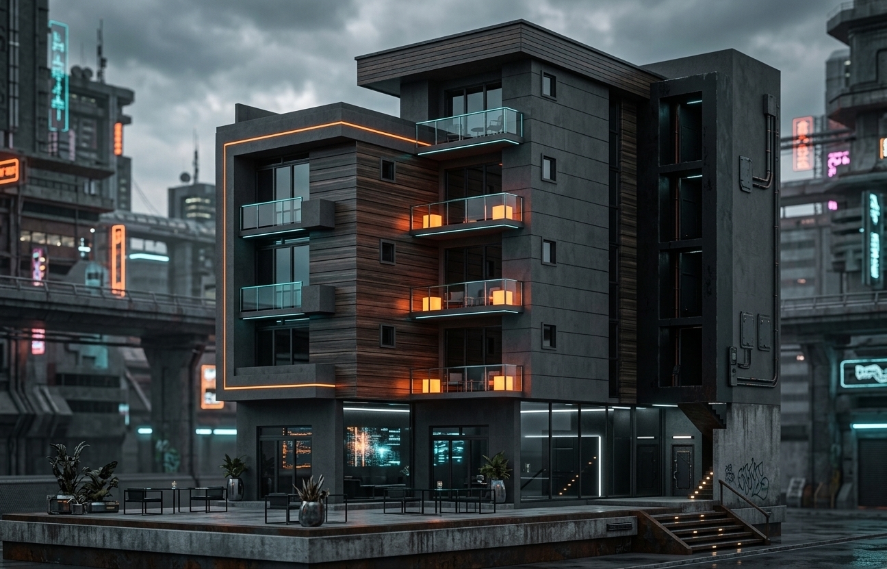 An incredibly lifelike, richly detailed, photorealistic architectural photo of a sleek, multi-story cyberpunk apartment building set in a gritty, futuristic urban environment during spring. The scene is illuminated by moody, overcast midday light mixed with vibrant electric-orange and cyan glows, creating a dark, neon noir atmosphere. Captured with a high-end tilt-shift lens on a medium-format camera, emphasizing the tactile contrast between matte charcoal concrete, polished glass, and dark, high-tech industrial wood paneling. This striking visual, perfect for a modern architecture photography book, showcases a ground-floor outdoor patio adorned with minimalist black metal and glass furniture alongside cybernetic indoor plants. Through the large ground-floor glass panes, glimpses of glowing holographic wall art and dark minimalist surfaces add depth to the interior, while the upper-level balconies feature glowing orange geometric cubes and glass balustrades that capture the high-tech, cybernetic aesthetic of this futuristic residential structure.