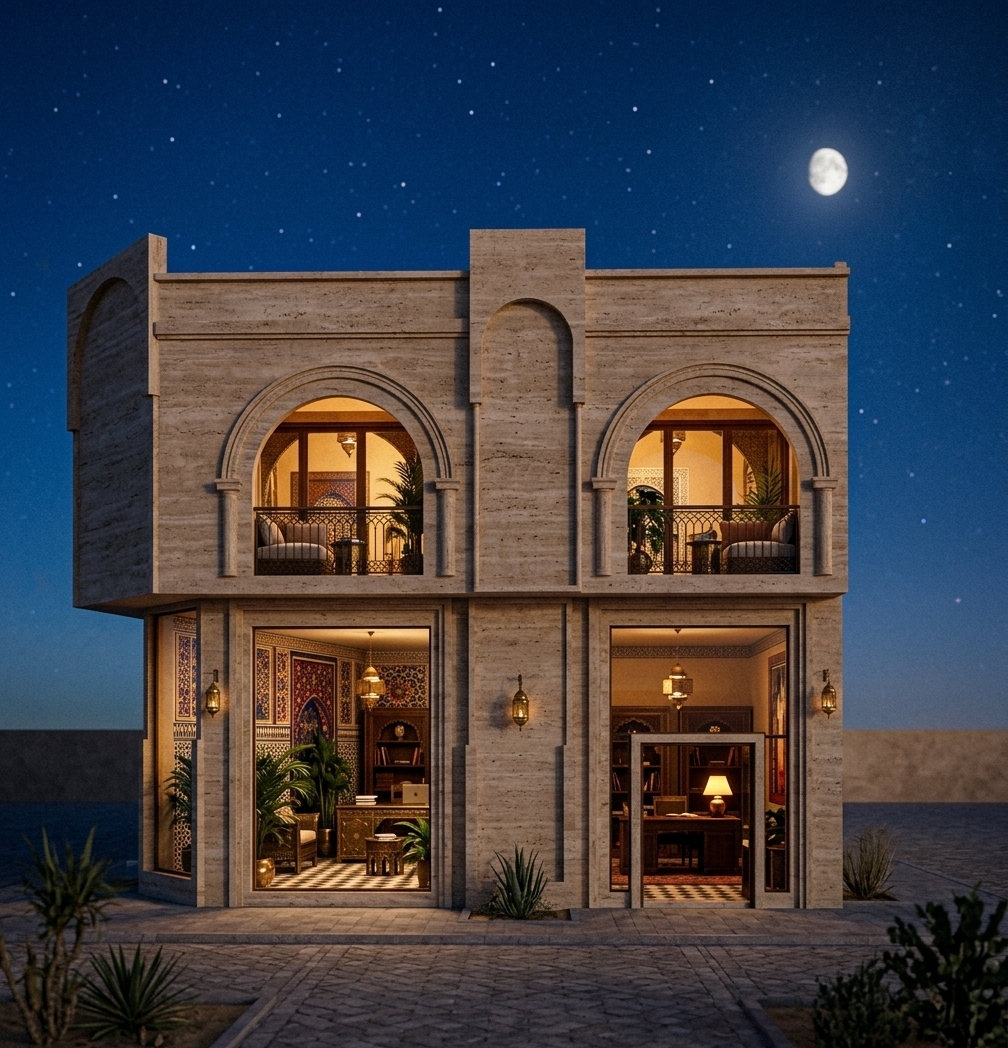 An incredibly lifelike, richly detailed, photorealistic architectural photo of a grand neo-Moroccan double-bay study house set in a quiet, moonlit desert plaza. The scene is illuminated by warm, honey-hued light spilling from the interior rooms contrasted against the cool, dark twilight, creating an exotic, sensual, and mysterious atmosphere. Captured with a professional 35mm tilt-shift lens, emphasizing the fine, vein-cut travertine facade, ornate double-molded arches, and the opulent interiors visible through the large openings. Inside the ground-floor study rooms and the upper arched balconies, the space unfolds with Moroccan mystique, showcasing geometric wall art in rich shades of deep blues, crimson reds, and reflections of gold leaf. Intricately carved dark wood desks, brass-inlaid metal furniture, and patterned tiled surfaces coexist with lush green indoor plants and scattered photography books, crafting a vibrant yet serene Middle Eastern sanctuary of knowledge under the deep blue starry night sky.