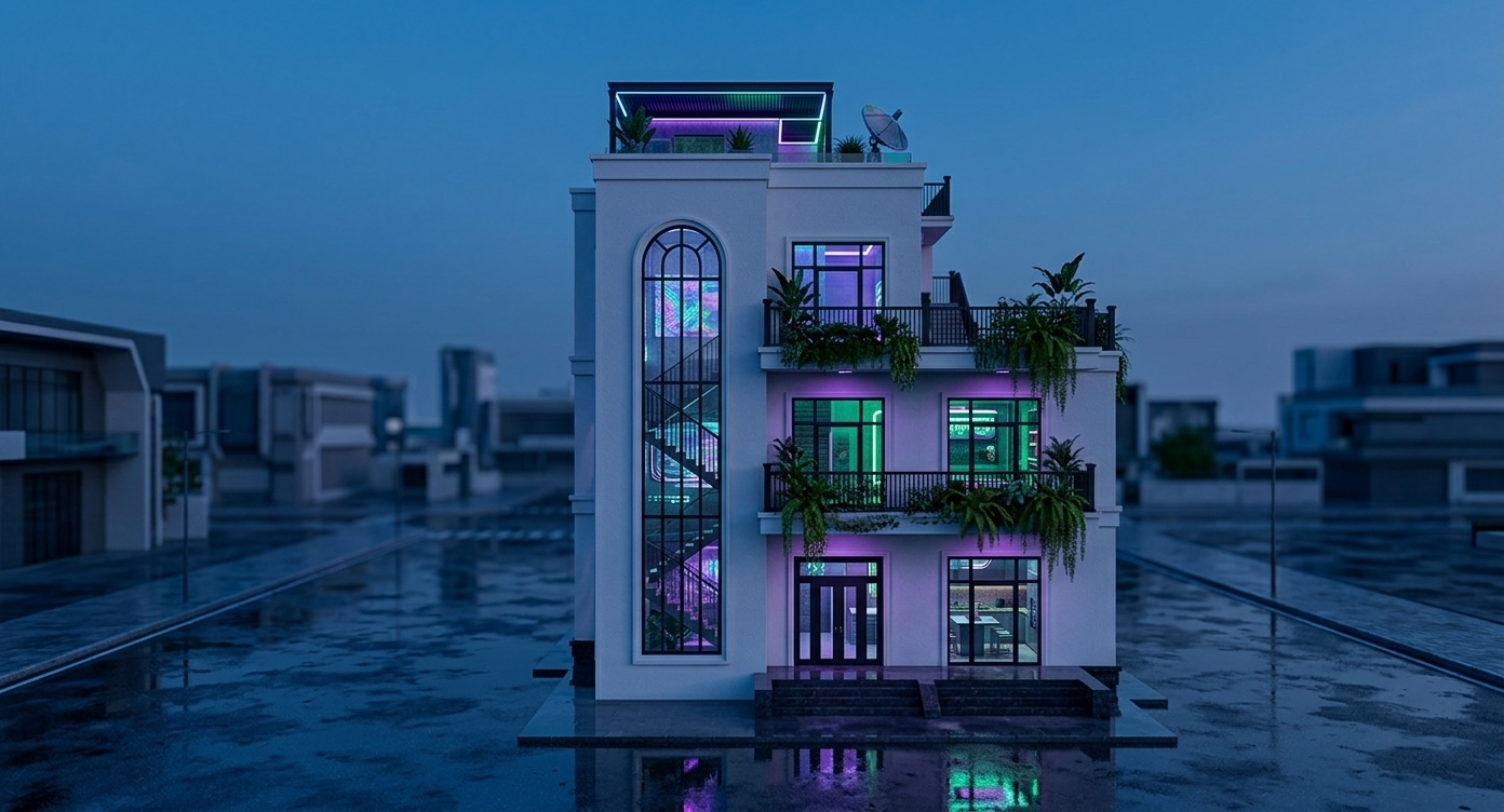 An incredibly lifelike, richly detailed, photorealistic exterior twilight architectural photo of a multi-tiered residential facade featuring a cyber eclectic fusion kitchen and living pavilion set in a sleek, futuristic urban environment. The scene is illuminated by vibrant neon blues, purples, and emerald greens glowing from deep within the interior spaces, contrasting with the cool ambient twilight of the sky to create a moody, tech-inspired, and electric atmosphere. Captured with a Hasselblad H6D-100c with a 24mm wide-angle tilt-shift lens, emphasizing the sharp structural lines of the white plaster facade, the reflective gloss of the wet asphalt base, and the glowing interior details of a highly stylized residential design straight from a premium photography book. Looking through the magnificent, triple-height arched glass window on the left, one can see an industrial steel staircase winding upwards, framed by layered cyberpunk-inspired decor and shimmering holographic wall art that reflects off polished, dark concrete walls. The ground and first-floor glass expanses expose a cutting-edge kitchen and dining zone, outfitted with sleek metal and LED-accented blocky furniture, mixed-media countertops, and diverse, grunge-inspired textures. Lush indoor plants and trailing ferns cascade over the black metal railings of the balconies, adding a natural contrast to the bold, geometric forms of the building's exterior and its vibrant, high-tech interior.