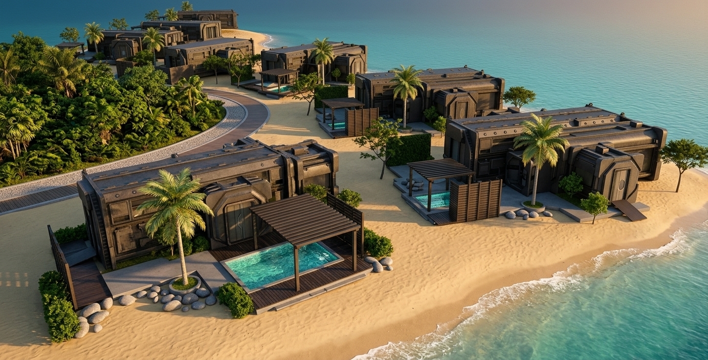 An incredibly lifelike, richly detailed, photorealistic wide-angle aerial architectural photo of a luxurious retro-futuristic villa resort set along a pristine tropical coastline. The scene is illuminated by the warm, golden-hour sunlight of a late afternoon, casting long, dramatic shadows and creating a serene, exclusive atmosphere. Captured with a Hasselblad H6D-100c with a 35mm lens, emphasizing the sharp contrasts between industrial matte-carbon materials and natural elements, this stunning visualization depicts a sequence of modular, retro-futurist beach villas lined up along a gorgeous expanse of fine golden sand bordering a calm, translucent turquoise sea. Each state-of-the-art capsule-style villa is constructed from dark, textured composites, matte metals, and heavy structural ribbing, featuring integrated private patios with a sunken plunge pool nestled under a sleek, dark-slatted timber pergola. Smooth grey beach stones and manicured green shrubs tastefully flank the dark timber and concrete pool decks, while elegant palm trees cast soft, feathered shadows across the sand. Behind the villas, a clean-lined gravel and composite walkway runs alongside lush, dense trees and tropical foliage, providing seamless, private access between the units. The crystal-clear pool waters shimmer invite-only under the sun, contrasting beautifully with the matte, high-tech surfaces of the architecture and the gentle, lapping waves of the adjacent shoreline to evoke a sense of ultra-modern, secluded coastal luxury.