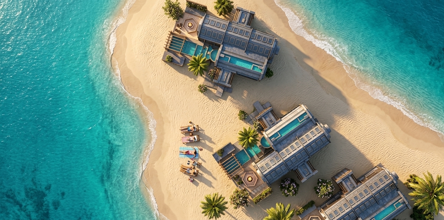 An incredibly lifelike, richly detailed, photorealistic top-down aerial drone shot of three luxury retro-futuristic villas set in a serene tropical beach environment bordering a vibrant turquoise ocean. The scene is illuminated by the golden, directional light of a late afternoon sun, creating a dramatic and ultra-modern atmosphere. Captured with a high-resolution drone camera with a 35mm-equivalent lens, emphasizing the metallic, slate-like textures of the dark-grey modular roofs, the glistening turquoise of the private swimming pools, and the soft, wave-rippled texture of the golden beach sand. The architectural design of the villas showcases a brilliant blend of retro-futurism and brutalist coastal luxury, featuring complex geometric layouts, linear skylights, private courtyards with timber-framed pergolas, and transition spaces flanked by meticulously placed tropical palm trees and green shrubs. Down on the sweeping shoreline, a family is seen relaxing on lounge chairs and beach towels near the gentle tide, providing a warm sense of human scale to the sophisticated, high-end resort setting.