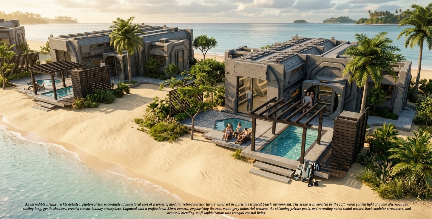 An incredibly lifelike, richly detailed, photorealistic wide-angle architectural shot of a series of modular retro-futuristic luxury villas set in a pristine tropical beach environment. The scene is illuminated by the soft, warm golden light of a late afternoon sun casting long, gentle shadows, creating a serene, utopian holiday atmosphere. Captured with a professional 35mm camera, emphasizing the raw, matte-gray industrial textures of the dark composite pods, the shimmering turquoise water of the private pools, and the surrounding natural textures. Each modular structure showcases retro-futuristic curves, heavy-duty sliding hatches, and circular glass doorways, paired with a modern outdoor pool area shaded by a dark-stained wood pergola. Lush green palm trees, ornamental shrubs, and native coastal plants punctuate the pristine golden sand beach that slopes gently toward a calm, light-blue ocean, where a cozy family sits together on loungers enjoying the refreshing sea breeze, beautifully blending sci-fi sophistication with tranquil coastal living.