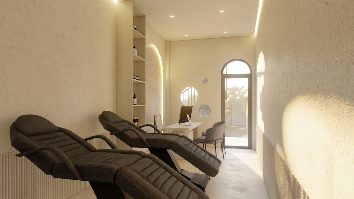 A professional architectural photograph of a luxurious spa room rendered in a sophisticated, serene palette of warm white, rich cream, and soft beige. Natural warm afternoon sunlight streams through the arched glass door, casting soft, diffused shadows on the seamless cream-colored microcement floor, while mixing beautifully with the golden glow of ambient cove lighting and recessed ceiling spotlights. The walls exhibit a realistic, hand-applied textured plaster finish with delicate micro-irregularities that catch the grazing light. In the foreground, the two treatment beds are upholstered in premium, tactile dark charcoal grey fabric showing natural, comfortable creases. The shelving unit is constructed from matte off-white wood, detailed with high-end cosmetic bottles that have realistic glass reflections and fine labels. Every material, from the smooth matte desk and fabric chairs to the metallic computer frame and circular mirrors, feels tangible and physically accurate. Captured with a high-end full-frame camera and a sharp architectural lens, the image features a gentle depth of field, subtle film grain, natural lens bloom from the bright doorway, and slight vignetting to deliver an authentic, high-end photograph of a serene wellness sanctuary.