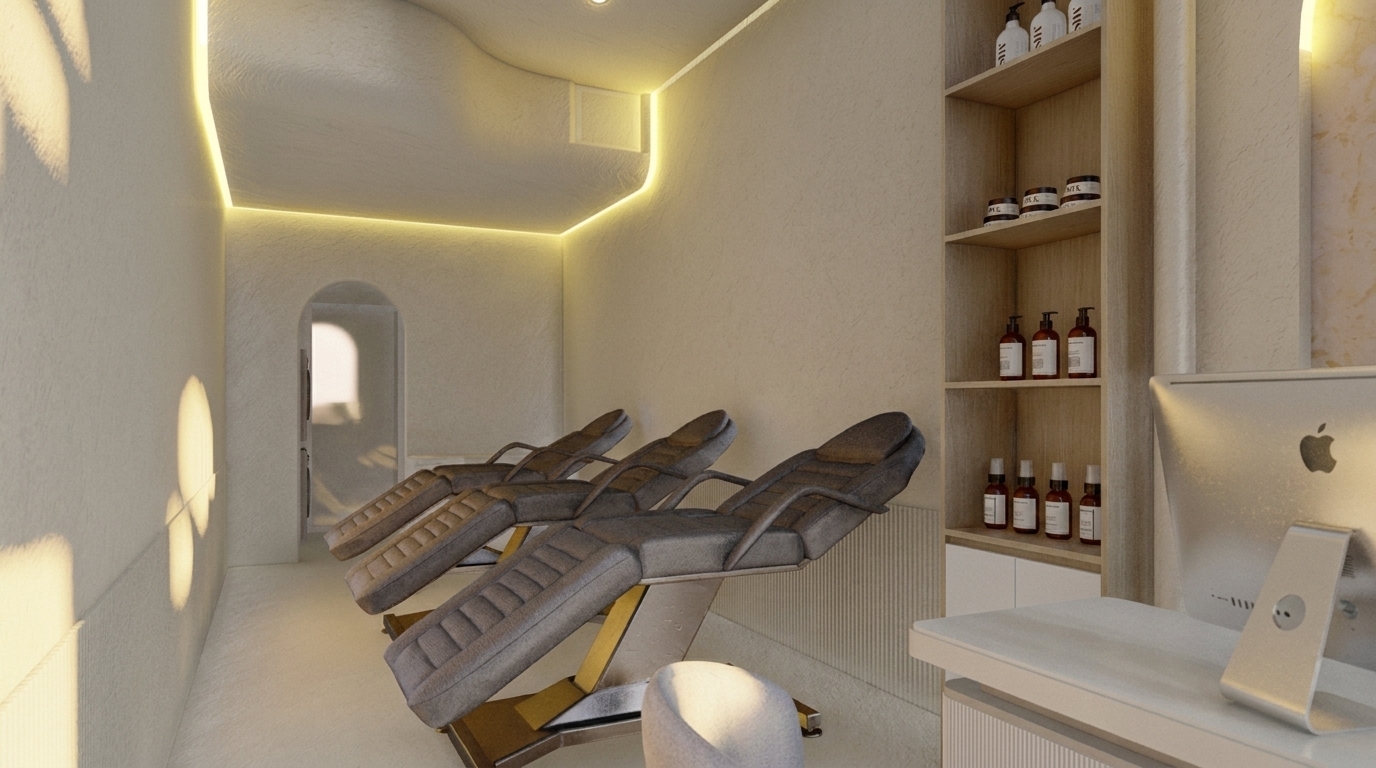 A professional, warm, and inviting architectural photograph of a high-end boutique spa interior, captured with a wide-angle lens to emphasize its serene atmosphere. The scene retains its exact composition and structure, featuring three sleek, adjustable treatment loungers in realistic, tactile grey textured leather with brushed gold and matte steel bases that show natural metallic luster and faint micro-scratches. The textured plaster walls have a tangible, chalky finish, beautifully catching the warm, diffused glow of the hidden cove LED strip lighting and the soft, golden daylight streaming in from the left to project organic light shapes. In the right foreground, the white reception desk and the brushed aluminum back of a computer screen show realistic specular highlights, subtle dust, and soft reflections. The recessed wooden shelves are stocked with amber glass beauty bottles featuring detailed glossy paper labels and natural liquid-level reflections. The entire space is rendered with realistic depth of field, gentle lens bloom from the light sources, a touch of natural film grain, and soft vignetting to convey absolute photorealism.