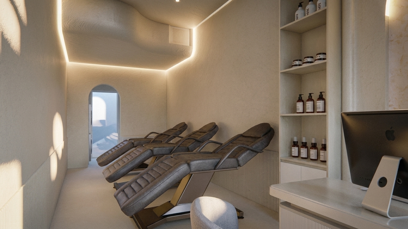 A professional architectural photograph of the spa interior with a refined and balanced color palette, correcting the artificial color temperature into a sophisticated blend of natural tones. The ambient illumination features a soft, warm neutral-champagne glow emanating from the integrated cove lighting along the curved ceiling, casting gentle, physically accurate gradients across the textured plaster walls. This warm interior light is realistically balanced with a hint of cool, indirect daylight filtering through the arched doorway, creating a beautiful contrast. The treatment chairs show realistic dark gray leather texture with organic creasing and soft, matte specular highlights. The bottles on the shelves display lifelike glass refraction, crisp text on labeled surfaces, and subtle, soft shadows. In the foreground, the desk and computer monitor exhibit micro-details like fine dust particles, soft reflections, and realistic material sheen. Shot with a high-end wide-angle lens, the image has a subtle depth of field, natural lens bloom around light sources, a faint touch of film grain, and gentle vignetting to deliver a highly believable, sophisticated, and soothing atmosphere.