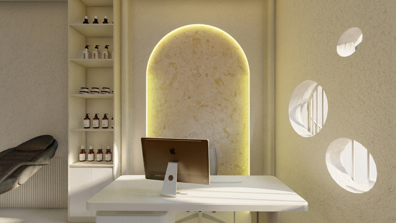 A professional photograph of a modern spa reception desk, beautifully recaptured with refined, natural lighting that blends soft exterior daylight with the warm, golden glow of the integrated LED strip accentuating the arched alcove. The illumination is soft and diffused, casting gentle, physically accurate shadows that describe the complex, bumpy micro-texture of the beige plaster walls and the subtle, organic patterns of the stone archway. The white desk features a realistic, low-gloss matte finish with natural, soft specular highlights, reflecting a hint of the surrounding atmosphere. The plastic and glass cosmetic bottles neatly arranged on the left shelving unit display realistic glass refraction and subtle liquid transparency inside. The computer monitor has a natural metallic texture on its stand, with realistic ambient reflections on its dark screen. To the right, the circular wall cutouts catch the soft ambient light, creating delicate gradients of highlight and shadow that define their inner curves. The entire scene is captured through a high-end prime lens, exhibiting organic film grain, a balanced warm color temperature, and realistic lens depth of field that grounds the image in stunning, photographic reality.