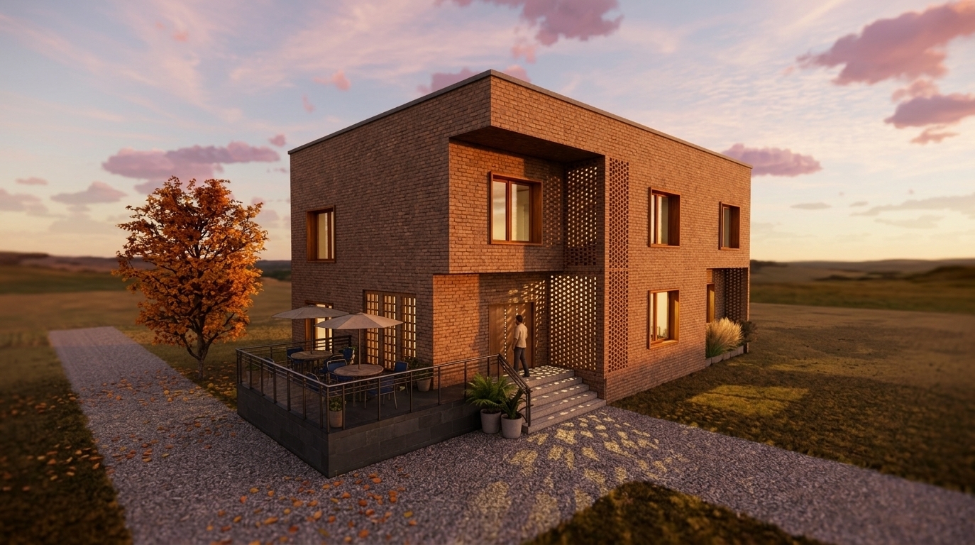 An incredibly lifelike, richly detailed, photorealistic exterior architectural photo of a two-story mid-century modern workshop and creative studio set in a serene, open autumn landscape. The scene is illuminated by the deep, warm golden glow of a late-afternoon sunset, creating a cozy, melancholic, and deeply inviting atmosphere. Captured with a professional wide-angle tilt-shift lens, emphasizing the rich, tactile textures of the raw materials and the dramatic play of light, the building's facade is crafted from beautifully textured, earthy reddish-brown clay bricks. Intentionally designed sections of the walls—particularly the vertical privacy screens adjacent to the entrance and parts of the structural columns—feature an elegant, perforated "hollow-brick" pattern (fakhro-madin style), allowing the low-slung sunset rays to filter through and cast delicate, geometric lace-like shadows onto the smooth concrete steps. The large windows are framed in thick, polished teak wood, echoing classic mid-century design, while the elevated side terrace with its dark slate base hosts weathered outdoor tables, blue metal chairs, and half-folded canvas umbrellas. To the left, a mature deciduous tree ablaze with fiery orange and gold autumn foliage stands gracefully, its dropped leaves gently scattering across a gravel pathway that replaces the barren ground, all under a vast, soft sky painted with wispy clouds tinted in shades of magenta and gold.