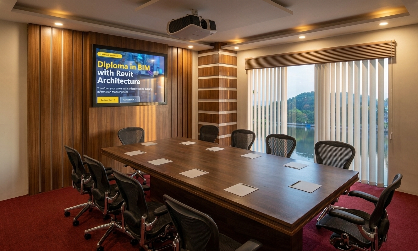 An architectural photograph of a modern corporate boardroom captured on a professional medium-format camera with a wide-angle 24mm lens. The central, long conference table is crafted from dark-stained walnut with a semi-gloss finish that catches soft, diffused reflections from the ceiling lights, while the square writing pads are made of fine, matte-textured white paper. Around the table, several high-end ergonomic chairs feature realistic black mesh backrests, matte-plastic frames, and polished metal bases resting on a deep red, low-pile commercial carpet with visible fiber texture. To the left, vertical wood-veneer slats with a natural grain cover the wall, framing a large, wall-mounted flat-screen display that glows realistically, showing the colorful advertisement with natural glass glare and self-illumination. Overhead, a sleek silver projector hangs from a multi-tiered matte ceiling with recessed spotlight fixtures that cast gentle cones of warm light. To the right, floor-to-ceiling windows are covered by neat, vertical vinyl blinds, revealing a tranquil lakeside landscape at dusk through the glass, with everything rendered in sharp focus, natural color temperature, and realistic micro-details including subtle dust and soft shadow gradients.