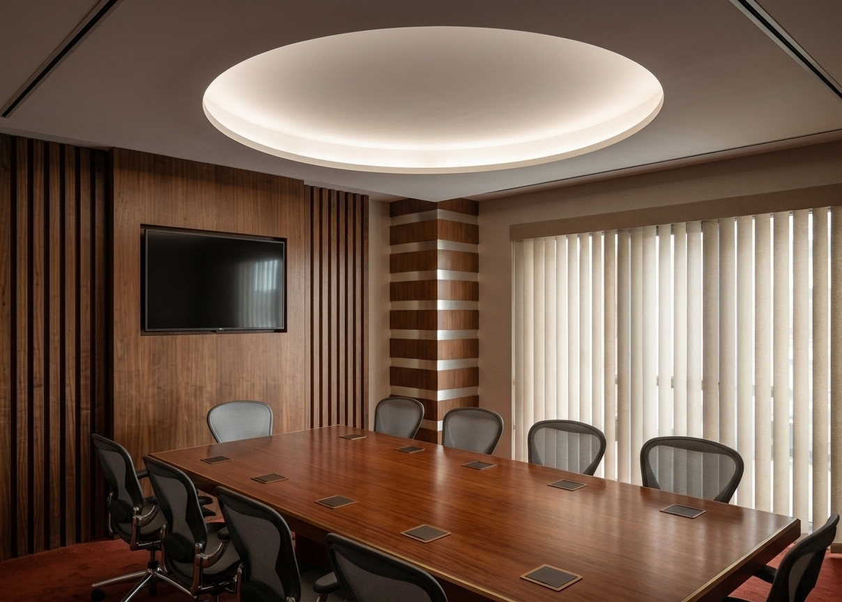 An incredibly lifelike, richly detailed, photorealistic wide-angle interior shot of a executive boardroom set in a retro-futuristic office. The scene is illuminated by the soft, indirect glow of a massive recessed circular ceiling cove and muted daylight filtering through vertical blinds, creating a moody, sophisticated mid-century atmosphere. Captured with a professional 24mm tilt-shift lens, emphasizing the rich, linear textures of the warm walnut wood paneling and the clean geometry of the space, the perspective highlights a long, polished mahogany conference table inset with square dark bronze media hatches. Surrounding the table are sleek, ergonomic executive chairs with matte-grey mesh backs, dark frames, and chrome wheel bases. To the left, a striking feature wall composed of vertical timber slats frames a smooth, central wood panel mounting a flush-designed flat-screen monitor, while a structural pillar in the corner showcases a rhythmic pattern of alternating wood and metallic bands. The entire room is grounded by a plush, deep terracotta-red carpet, and on the right, floor-to-ceiling beige vertical louvers diffuse a bright window view, casting soft, elongated shadows that enhance the cinematic depth of this highly polished, professional space.