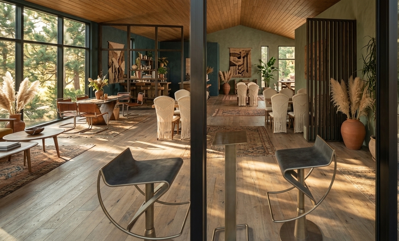 An incredibly lifelike, richly detailed, photorealistic interior wide-angle shot of a sprawling, double-height bohemian oasis dining lounge set in a sun-drenched, tranquil woodland retreat. The scene is illuminated by dappled, golden afternoon sunlight filtering through expansive floor-to-ceiling windows and lush foliage outside, creating a warm, inviting, and free-spirited atmosphere. Captured with a professional 24mm tilt-shift lens, emphasizing the rich, layered textures, handcrafted materials, and vibrant natural elements that define the space, the view looks through elegant glass partitions that mirror the soft reflections of sculptural bar stools in the foreground with curved charcoal seats and metallic frames. Across the expansive weathered white-oak floorboards, layered vintage flat-weave rugs lead the eye toward dining vignettes furnished with high-backed cream macrame chairs and rustic wood tables. Under a high gabled ceiling clad in warm tongue-and-groove wood paneling, the deep teal and earthy sage-green plaster walls are decorated with large, textured tapestry wall art, open floating shelving stacked with curated photography books, and a dark vertical timber slat room divider. Tall terracotta pots boasting plumes of pampas grass and towering indoor plants blend seamlessly with the vibrant palette of warm rust, mustard, and organic neutrals, crafting a meticulously designed, globally-inspired sanctuary.