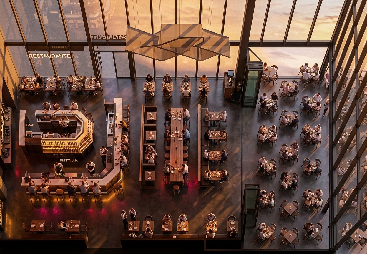 An incredibly lifelike, richly detailed, photorealistic wide-angle architectural shot of a sprawling, modern restaurant interior featuring diverse dining zones, a vibrant central bar, and a seamlessly connected outer terrace, set in a chic metropolitan venue in spring. The scene is illuminated by the warm, golden-amber rays of a dramatic spring sunset filtering through massive glass panel facades, creating a cozy, dynamic, and cyber-eclectic fusion atmosphere. Captured with a professional 24mm tilt-shift lens, emphasizing the sleek polished dark floors, neon-accented metallic structures, and the ambient glow of decorative lighting, the space welcomes viewers into a fluid and brilliantly structured layout. Inside, contemporary dining tables serve as the main protagonists, bustling with groups of patrons sharing animated conversations and exquisite meals. In the background, a striking, geometric bar counter serves as a radiant focal point, styled with elegant modern finishes, organized bottle displays, and active bartenders preparing craft drinks. Overhead, lightweight, floating canopies create a playful dance of long shadows and warm highlights across the main dining floor. To the right, through grand, open glass partitions that act like a breezy balcony, the space gracefully transitions into a spacious, crowded outdoor terrace where guests dine alfresco under the transitional sunset sky, fully capturing the essence of an active, sophisticated, and highly energetic dining destination.