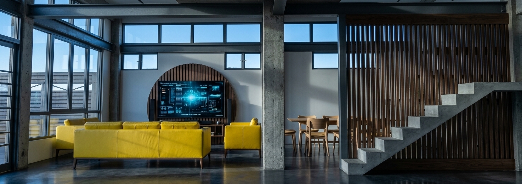 An incredibly lifelike, richly detailed, photorealistic wide-angle interior photograph of a minimalist industrial living room with cyber eclectic fusion accents, set in a spacious urban residential loft. The scene is illuminated by cool, low-angled morning daylight streaming through a large glass window wall on the left, casting long, soft shadows and highlighting the glowing screen of a large television, creating a moody, futuristic, yet sophisticated atmosphere. Captured with a professional 24mm lens, emphasizing the sharp architectural lines, raw concrete structural elements, and a stark contrast of vibrant textures. In the center, a minimalist sofa and matching armchairs upholstered in a bold, electric canary-yellow leather sit on a seamless dark-polished concrete floor with a subtle, reflective sheen. Behind the seating, a large circular accent panel made of dark, vertical wooden slats frames the television, blending organic warmth with digital vibrancy. Thick, gunmetal-gray steel-and-concrete columns separate the living zone from a minimalist dining area in the background, where light-toned wooden dining chairs are arranged neatly. To the far right, a sleek, open-riser staircase ascends behind an elegant floor-to-ceiling vertical wood-slat partition screen that filters the light beautifully, while high-set transom windows near the industrial-beamed ceiling reveal a clear blue sky, grounding this high-tech, raw industrial oasis in a serene urban environment.