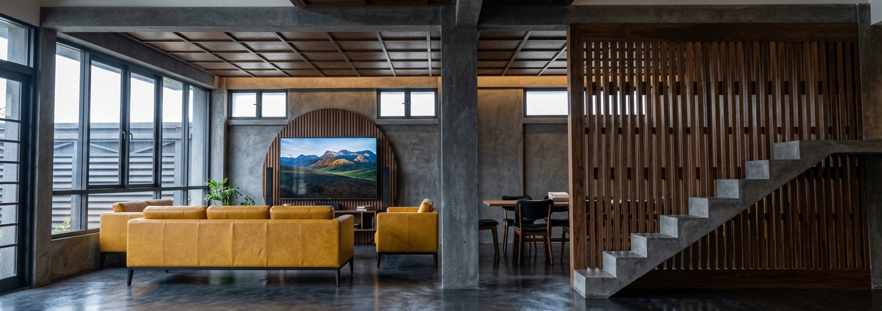 An incredibly lifelike, richly detailed, photorealistic wide-angle interior photo of a minimalist industrial living room with distinct retro-futurist accents set in a modern brutalist-inspired loft. The scene is illuminated by cool, diffused morning daylight streaming through a large wall of dark-framed grid windows on the left, balanced by soft, warm indirect ambient lighting, creating a sophisticated, atmospheric, and cozy mood. Captured with a professional full-frame camera and a 24mm tilt-shift lens, emphasizing the contrasting textures of raw concrete, rich timber, and vibrant leather, the composition showcases a spacious, open-plan layout framed by massive charcoal-grey concrete structural columns and beams. In the living area, a striking, low-profile sofa upholstered in a bold, retro mustard-yellow leather sits on minimalist black steel legs, offering a pop of space-age color against the moody, industrial backdrop. On the back wall, a large, perfectly circular feature panel made of dark vertical wood slats frames a flush-mounted television, combining geometric mid-century retro-futurism with natural warmth. To the right of the central concrete pillar, a minimalist dining area sits tucked under high transom windows, while a monolithic raw concrete staircase ascends in the foreground, flanked by a dramatic, floor-to-ceiling screen of vertical walnut wood slats that provides artistic privacy. The polished, seamless dark microcement floor subtly reflects the exterior light and interior elements, adding immense depth and realism to this high-end architectural space.