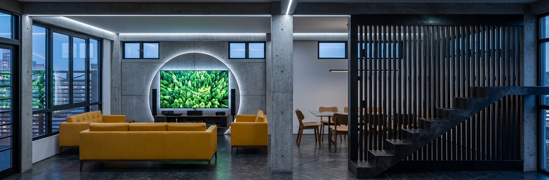 An incredibly lifelike, richly detailed, photorealistic wide-angle interior photo of a sprawling, open-concept minimalist living room set in a sophisticated industrial loft. The scene is illuminated by a mix of cool evening light filtering through panoramic glass panels on the left and subtle, integrated cool-toned LED strip lights tracing the ceiling beams, creating a moody, futuristic "techno wonderland" atmosphere. Captured with a professional 35mm lens, emphasizing the tactile contrast between the vibrant, smooth mustard-yellow leather of the minimalist sofas and the raw, textured gray concrete columns and beams. On the left, the lounging area features a striking circular feature wall holding a large, glowing ultra-high-definition television screen displaying a vibrant green landscape. Dark polished concrete floors with faint marble-like veining reflect the ambient light, leading the eye past a massive structural steel pillar into the background dining space containing elegant, slim-profile mid-century modern chairs and a glass table. To the right, a dramatic architectural staircase clad in dark steel angles upward, partially veiled by a floor-to-ceiling screen of vertical matte-black metal slats that creates a beautiful, rhythmic play of shadow and depth across the entire composition.