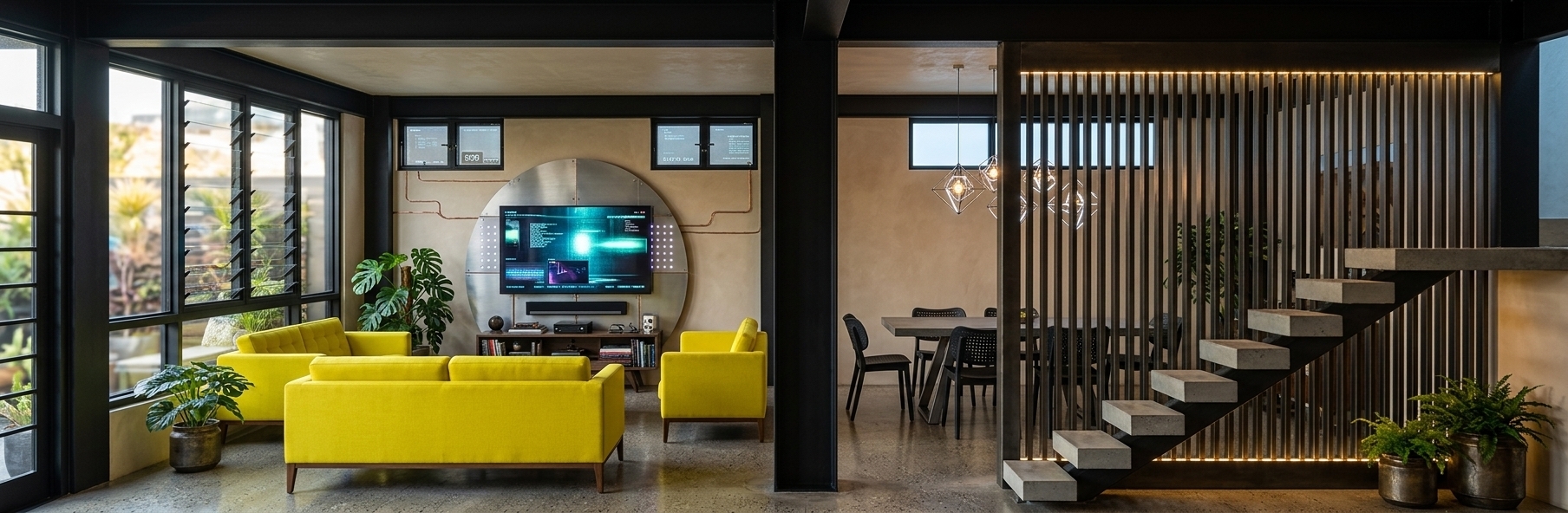 An incredibly lifelike, richly detailed, photorealistic wide-angle interior photo of a multi-zoned living room and dining area set in a contemporary industrial loft with a cyber-eclectic aesthetic. The scene is illuminated by a moody ambient glow mixing soft natural light from perimeter windows with the vibrant, cool-toned screen light of the central television, creating a dramatic, cinematic atmosphere. Captured with a professional 24mm tilt-shift lens, emphasizing the high-contrast textures of matte-black structural steel columns, polished concrete flooring, and the vivid, electric pop of lemon-yellow fabric on the minimalist mid-century modern sofas. The open-plan layout boasts an elegant structural design with heavy charcoal-grey beams framing the ceiling, a large circular feature panel backing the media console, and a sleek dining set in the background, all anchored on the right by a floating concrete staircase partitioned by a dramatic, floor-to-ceiling screen of slender, vertical dark metal slats.