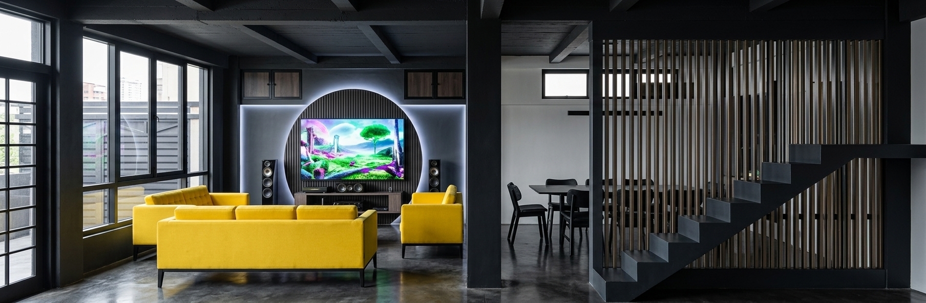 An incredibly lifelike, richly detailed, photorealistic wide-angle interior architectural photograph of a cutting-edge minimalist industrial living room with cyber eclectic fusion elements set in a sophisticated, open-plan urban loft. The scene is illuminated by diffused natural light streaming through large black-framed windows on the left, balanced by subtle, integrated cool-toned LED backlighting behind a bold geometric feature wall, creating a moody, ultra-modern, and high-tech atmosphere. Captured with a professional 24mm wide-angle lens, emphasizing the stark contrast between raw, dark-polished concrete floors, heavy matte-black structural columns, and the intense brilliance of the minimalist, Canary-yellow upholstered sofas that anchor the living space. In the center, a state-of-the-art flat-screen television sits within a large, circular fluted charcoal wood feature panel, displaying a vibrant, surreal cyber-pastoral landscape. To the right, the open-plan layout flows effortlessly past a central structural column toward a sleek modern dining area, culminating in a striking, deep-charcoal cantilevered staircase set behind a dramatic vertical screen of slender metallic slats. The overall composition masterfully fuses raw industrial brutalism, clean geometric lines, and bold, futuristic accents, creating a highly organized, visually arresting sanctuary of modern design.