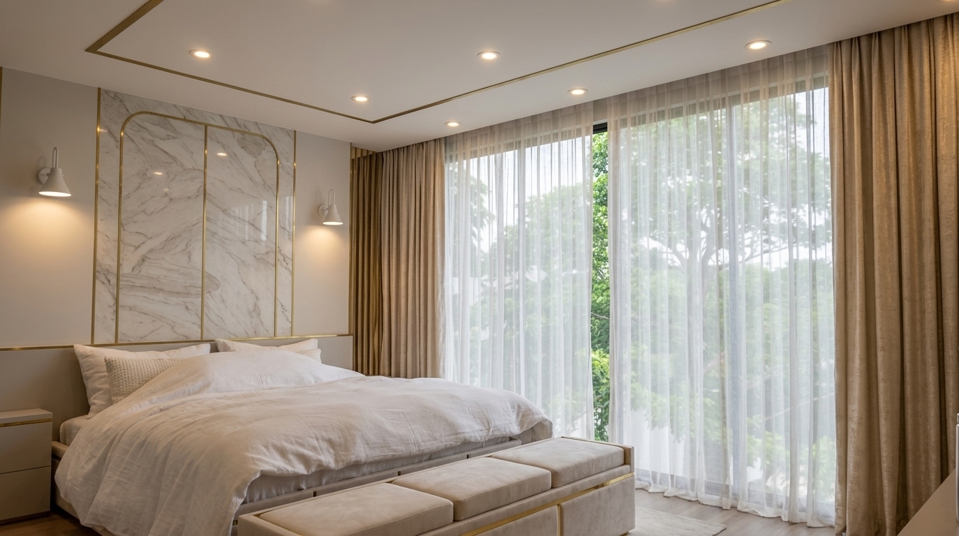 An incredibly lifelike, richly detailed, photorealistic wide-angle interior shot of a luxurious master bedroom set in a high-end contemporary residence. The scene is illuminated by warm, integrated ceiling downlights and elegant bedside wall sconces, creating a serene, inviting, and sophisticated atmosphere. Captured with a professional 24mm architectural lens, emphasizing the gleaming gold metal trim, the delicate marble veining of the accent wall, and the soft, tactile texture of the linen bedding and heavy drape fabrics, the room is designed with an uncluttered, timeless aesthetic. The focal point of this spacious bedroom is a low-profile bed adorned with crisp, layered white linens, beautifully accented by a cushioned three-part bench at its foot detailed with clean, linear gold trim. Behind the bed, a striking feature wall showcases an arched marble panel with subtle gray and beige veining, neatly bordered by polished brass inlay strips that run vertically to the ceiling. On either side, minimalist white-and-gold sconces cast a warm, ambient downlight onto sleek, clutter-free nightstands. To the right, a vast floor-to-ceiling window wall opens up the space, veiled by translucent sheer white curtains that gently filter the daylight, flanked by heavier, richly textured champagne-colored drapes. Through the sheer fabric, the organic forms of lush green tree canopies are softly visible, connecting the interior with a tranquil outdoor environment under a recessed tray ceiling bordered by a continuous, elegant gold inlay.
