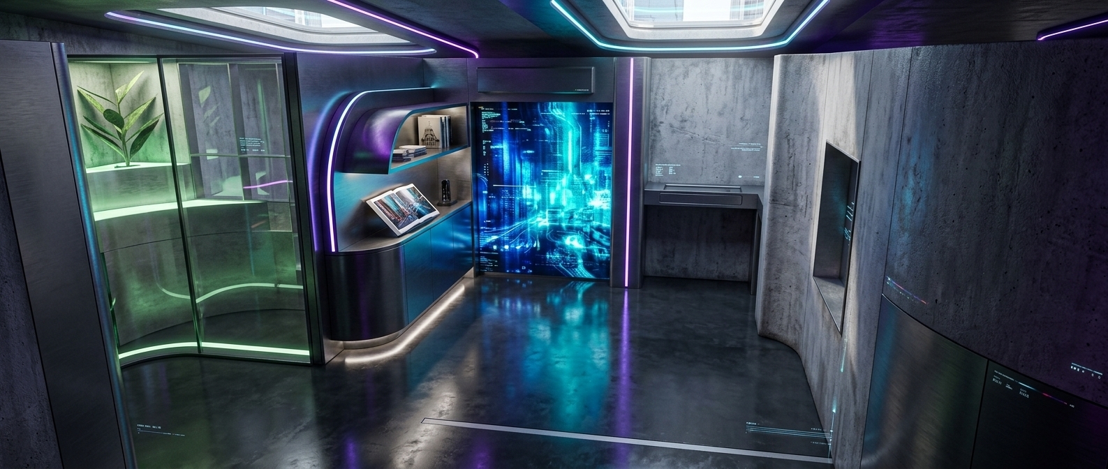 An incredibly lifelike, richly detailed, photorealistic wide-angle interior shot of a futuristic office reception area set in a high-tech urban cyber-city. The scene is illuminated by a mixture of bright midday daylight filtering in from above and pulsating neon LED light strips in purple, cyan, and deep violet, creating a vibrant, high-energy cyber-eclectic atmosphere. Captured with a professional 24mm camera lens, emphasizing the contrasting textures of industrial brushed metal, semi-gloss weathered concrete walls, and polished glass surfaces. On the left, a custom, curved display counter features dark metallic laminate and built-in LED underlighting, beautifully showcasing an open photography book of urban landscapes on its surface. Adjacent to it, a sleek glass display enclosure glows with soft green light, nurturing a stylized indoor plant installation. In the center-background, a massive holographic wall art panel dominates the space, pulsing with deep blues and brilliant turquoise, casting fluid reflections across the dark, sleek concrete floor. The surrounding curved architectural partitions are finished in a raw, grunged concrete texture, seamlessly blending high-tech cyber aesthetics with an industrial-chic workspace design.