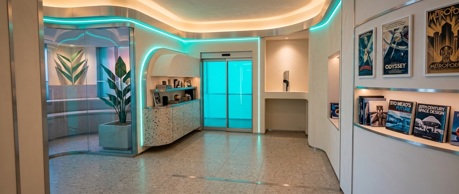 An incredibly lifelike, richly detailed, photorealistic wide-angle interior photo of a retro-futurism office lobby set in a creative tech studio. The scene is illuminated by a mixture of warm architectural cove lighting and vibrant teal neon glows, creating a nostalgic, space-age, and innovative atmosphere. Captured with a 24mm tilt-shift lens, emphasizing the streamlined geometries, metallic accents, and smooth matte surfaces of the curving walls. The focal point features a series of flowing curves: on the left, a glass-enshrouded nook houses a stylized indoor plant, while a bespoke console with rounded edges boasts a canopy lined in a speckled metallic terrazzo finish. In the center, a sleek automated sliding door of vibrant, glowing cyan glass provides a bold pop of color, flanked by sculptural minimalist alcoves. On the right, clean-lined, curved partitions are decorated with stylized accessories, vintage sci-fi poster wall art, and photography books, completing a retro-futuristic workspace that masterfully balances mid-century charm with sci-fi optimism.