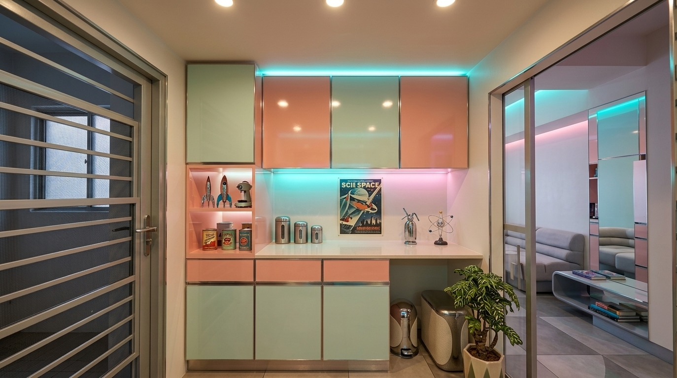 An incredibly lifelike, richly detailed, photorealistic eye-level interior photo of a retro-futurism kitchen niche set in a stylish, space-age apartment. The scene is illuminated by warm, recessed overhead spotlights paired with a contrasting neon cyan and pastel pink under-cabinet glow, creating a nostalgic, vibrant, and sci-fi atmosphere. Captured with a professional 35mm lens, emphasizing the glossy pastel-toned surfaces, metallic accents, and streamlined geometric cabinetry, the space balances bold mid-century aesthetics with futuristic innovation. Behind the sleek, pale laminate countertop, a vintage sci-fi poster as wall art adds a graphic pop, while stylized metallic kitchen canisters and retro-futuristic decor objects sit neatly arranged. The original wooden cabinet frames are transformed with brushed chrome trims, and the minimalist waste bins are upgraded to organic, capsule-shaped space-age designs. To the side, a lush green indoor plant injects natural warmth, while the adjacent room glimpsed through the sliding glass panel reveals hints of minimalist futuristic furniture, perfectly capturing the aesthetic of a high-end architectural design photography book.