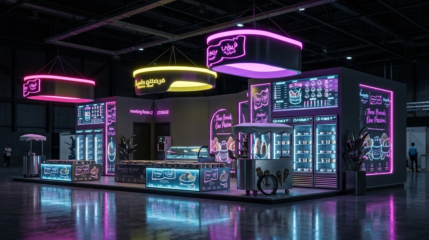 An incredibly lifelike, richly detailed, photorealistic medium-wide architectural photo of a futuristic ice cream exhibition pavilion set in a moody, dark-industrial expo hall. The scene is illuminated by glowing neon-pink, yellow, and purple overhead pendant canopies that cast a vivid, cybernetic glow across the surfaces, creating a mysterious, high-tech neon noir atmosphere. Captured with a 35mm tilt-shift lens, emphasizing the sharp reflections, gritty metallic textures, and polished finishes, the pavilion transforms clean white walls into sleek panels of dark gray and matte black. The wooden platform becomes a polished dark concrete floor reflecting the vibrant neon accents, while the traditional carts are reimagined with industrial metal and glass structures. Vivid holographic wall art replaces standard graphics with glowing digital displays, and minimal, futuristic indoor plants in dark metallic planters are integrated into the corners, seamlessly combining organic grit with cyberpunk sophistication.