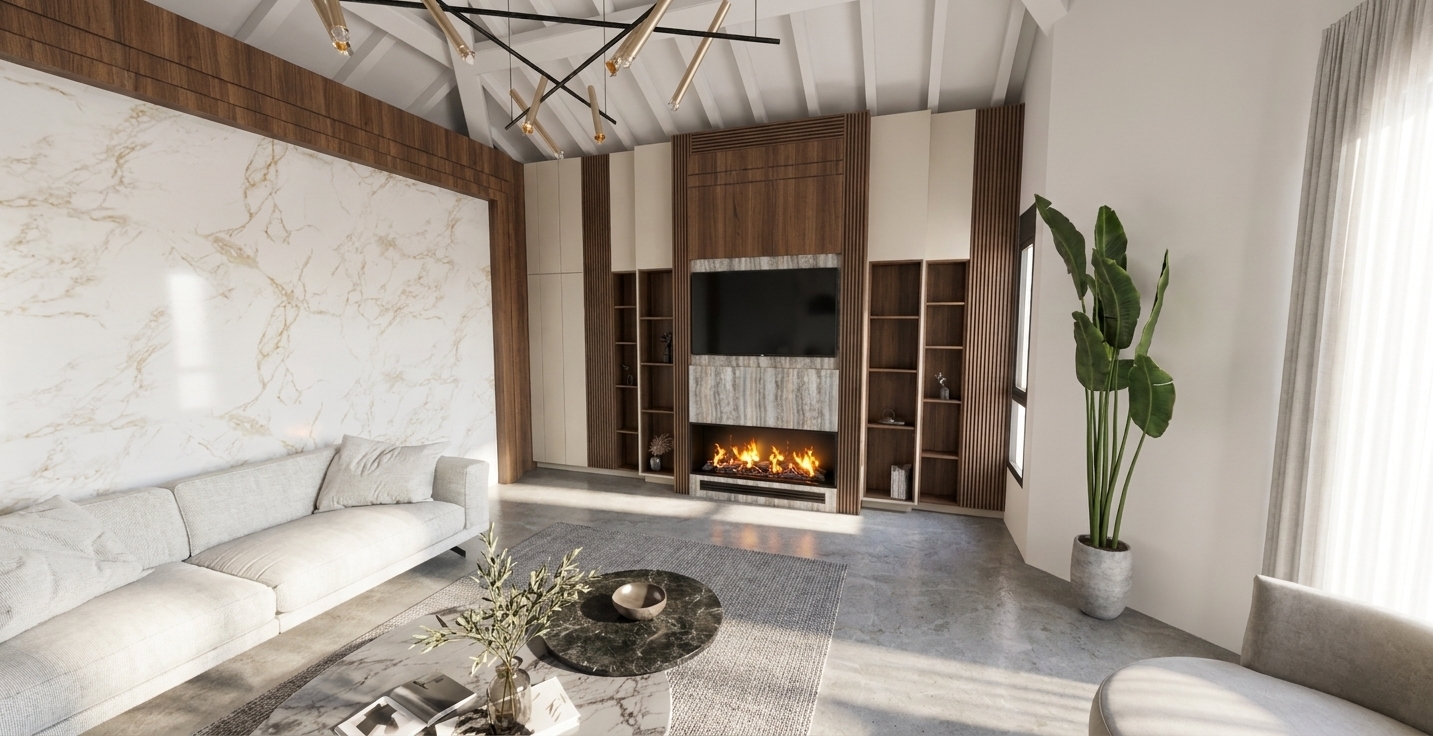 An architectural photograph of a modern, high-ceilinged living room captured on a bright spring midday, illuminated by ample, fresh natural light streaming in from the right. The wide-angle shot, taken with a professional DSLR and a sharp prime lens, maintains the exact composition, perspective, and structure of the scene. The left wall features a large, polished white marble panel with delicate golden-brown veining and a soft semi-gloss sheen, framed by rich walnut cladding. The low-profile modern sofa is upholstered in a textured white fabric with realistic soft creases in the cushions. In the center, a dark marble-topped coffee table rests on a textured grey woven area rug, topped with a glass vase holding delicate branches and stylish magazines. The far wall displays a sophisticated customized media unit with matte walnut shelving, cream-colored cabinetry, and elegant vertical fluting framing a sleek black television screen and a modern linear fireplace with realistic glowing orange flames. To the right, a large potted plant with broad, waxy green leaves stands in a textured concrete pot, catching the bright, diffused daylight that filters through sheer white linen curtains. The ceiling reveals exposed white-painted rafters and a sculptural black-and-gold wire chandelier. The concrete-look tiled floor has a subtle matte finish with natural textural variations, while the overall atmosphere is airy, crisp, and naturally detailed with soft-edged shadows, realistic micro-textures, and a clean, high-dynamic-range finish.