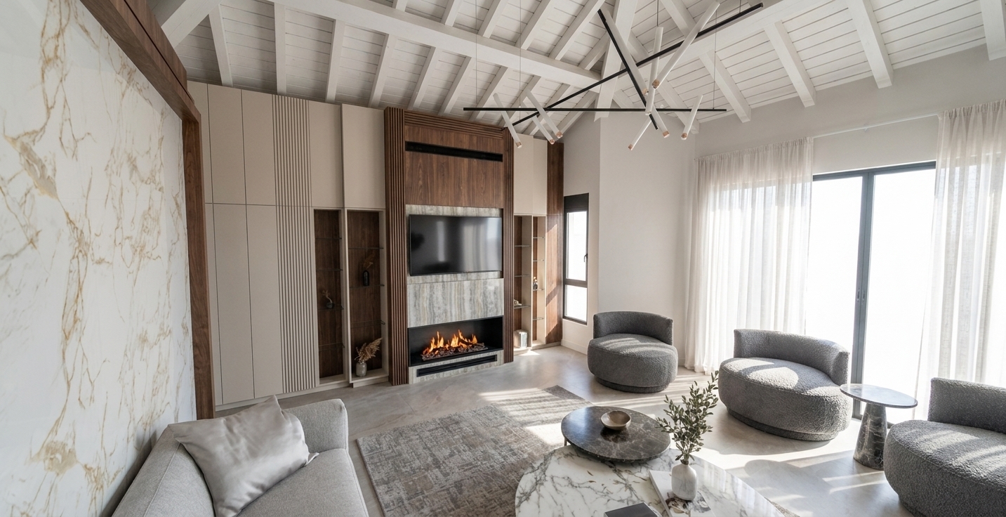 A high-end architectural photograph of a modern, vaulted-ceiling living room captured during a bright spring midday, with abundant natural light flooding the space from the large windows on the right. Elegant, semi-sheer white linen curtains soften the direct daylight, casting diffused, gentle shadows onto the dark grey boucle-upholstered swivel chairs and the textured low-pile area rug below. The expansive vaulted ceiling is detailed with clean white-painted wooden rafters and support beams, while a large, minimalist pendant light fixture hangs centrally, cast in thin black metal. In the background, the large custom feature wall showcases crisp, light beige vertical cabinetry, slatted wood detailing, and a rich dark walnut wood panel above a sleek wall-mounted television, with a realistic fire glowing softly in the low-profile fireplace below. On the left, a large polished marble slab wall with delicate gold and grey veining frames the edge of a light grey fabric sofa with a satin-finish accent pillow. The camera captures the scene from a professional wide-angle perspective, exhibiting realistic material physics, from the subtle sheen on the marble coffee table to the natural wood grain and delicate dust particles caught in the bright, clear air.