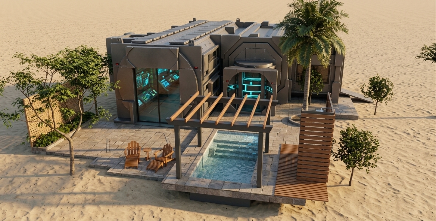 An incredibly lifelike, richly detailed, photorealistic wide-angle exterior architectural photo of a futuristic techno-wonderland villa set in a serene tropical beach environment. The scene is illuminated by the warm, golden light of a late afternoon sun, creating a peaceful yet avant-garde atmosphere. Captured with a professional 35mm tilt-shift lens, emphasizing the contrast between the matte-finish, dark-grey metallic panels of the modular dwelling and the natural, inviting textures of the outdoor leisure space. In the foreground, a crystal-clear plunge pool shimmers beneath a sleek, charcoal-grey pergola, adjacent to an inviting outdoor sitting area equipped with warm wooden lounge chairs on a geometric tiled patio. A tall, slatted privacy screen forms a stylish outdoor shower tucked beside a towering tropical palm tree, while lush green shrubs and leafy trees soften the crisp lines of the high-tech structure. Through the villa's massive glass sliding doors, glowing control consoles and futuristic interfaces hint at a high-tech interior, seamlessly blending advanced techno-architecture with a relaxing seaside sanctuary.