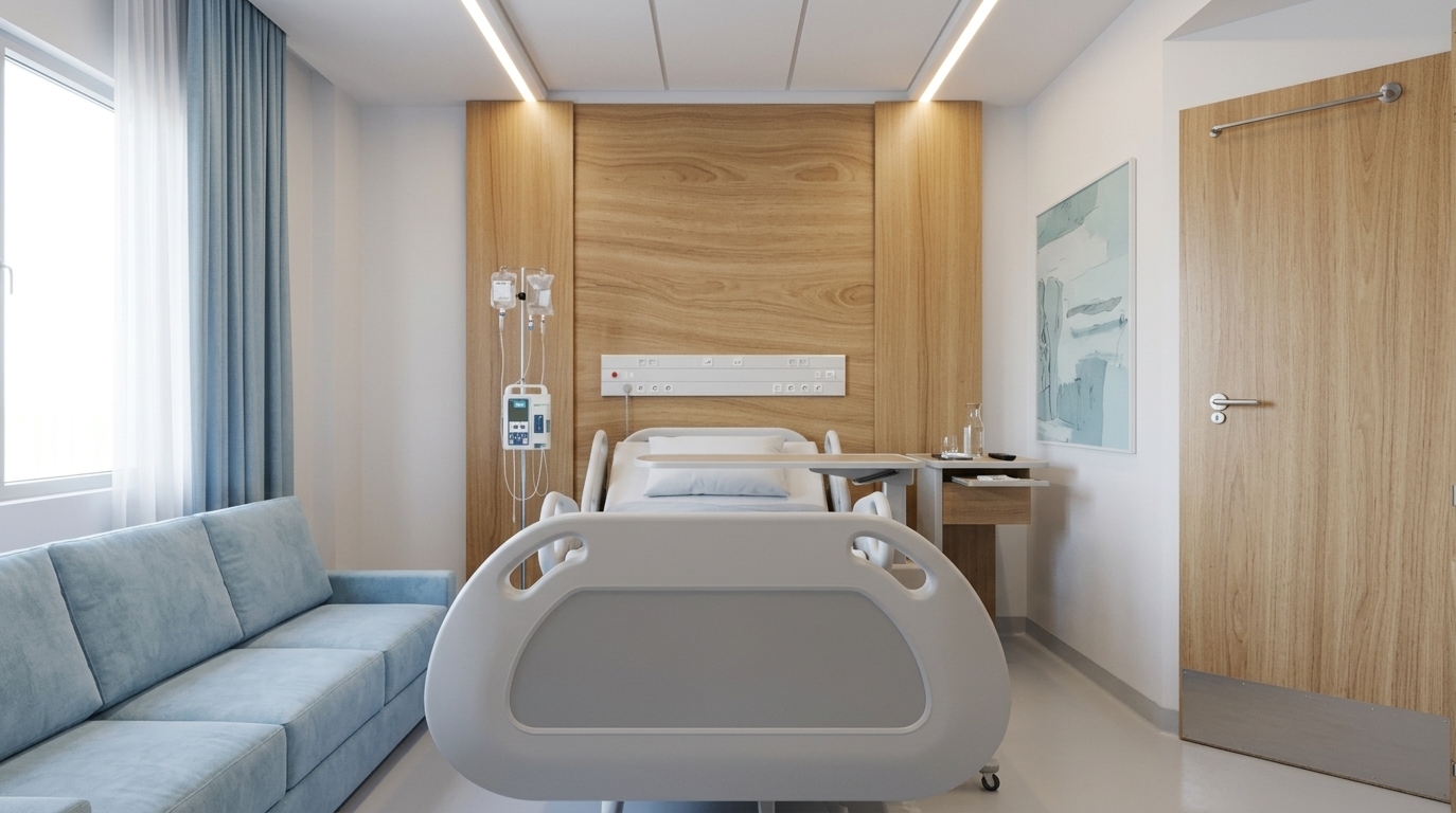 An incredibly lifelike, richly detailed, photorealistic wide-angle interior photo of a minimalist, hotel-like patient suite set in a modern, premium wellness center. The scene is illuminated by bright, diffused natural light from a large window combined with warm, indirect LED ceiling strips, creating a serene, healing, and clean atmosphere. Captured with a 35mm f/4 lens, emphasizing the satin finish of the light wood paneling, the soft texture of the pastel-blue sofa, and the sleek, sterile surfaces of the integrated medical utilities. In the center, a state-of-the-art, streamlined recovery bed is backed by a feature wall of warm, elegant light oak paneling. To the left, a plush modern sofa in a subtle dusty blue pastel is framed by delicate white sheers and matching blue drapes. A minimalist light wood door with a sleek metal handle secures the space, while a piece of soothing, abstract pastel-blue wall art hangs on the clean white walls, enhancing the clutter-free, Zen-inspired elegance of this serene haven.