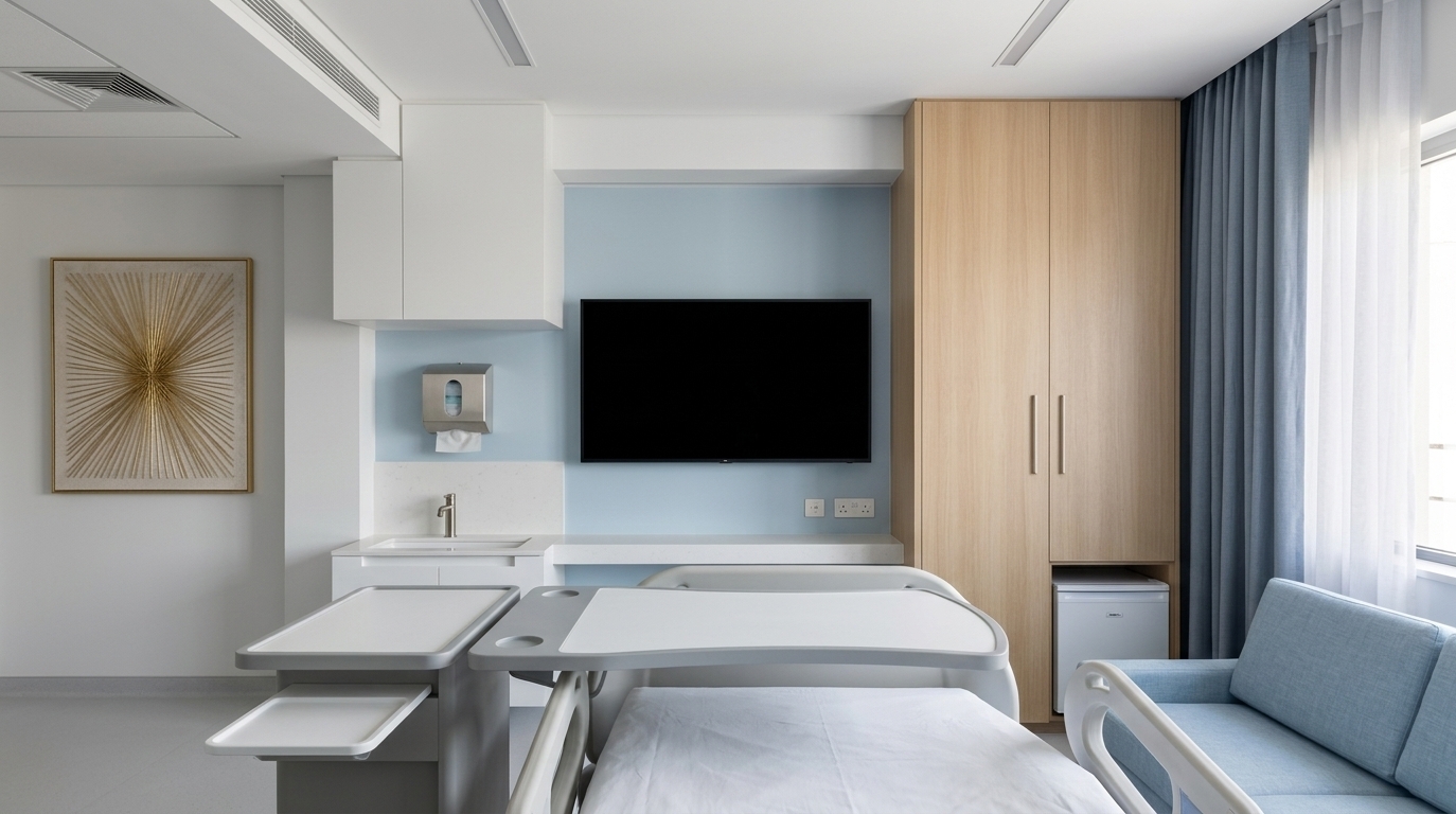 An incredibly lifelike, richly detailed, photorealistic wide-angle interior shot of a minimalist hotel room set in a serene boutique wellness retreat. The scene is illuminated by soft, natural morning light filtering through dual-layered sheer white and slate-blue curtains, creating a tranquil, calming atmosphere. Captured with a professional 35mm architectural lens, emphasizing the fine grain of light oak wood cabinetry, the smooth matte finishes of functional surfaces, and the soft, supple texture of pastel upholstery. 

This minimalist haven seamlessly blends uncluttered serenity with high-end functional design. To the right, floor-to-ceiling built-in oak wardrobes with slim, integrated vertical handles stand beside a comfortable, streamlined sofa in a muted powder-blue hue. A sleek, black flat-screen television is centered perfectly against a soft pastel-blue accent wall, framed by warm overhead wooden millwork. To the left, a clean, white-topped wash station features a minimalist metal faucet and seamless cabinetry, adjacent to an elegant piece of abstract golden starburst wall art that hangs on the neutral white wall. In the foreground, elegant, clutter-free white and grey furniture elements with smooth, rounded edges reinforce the room's Zen-inspired, modern simplicity and sophisticated, spacious layout.