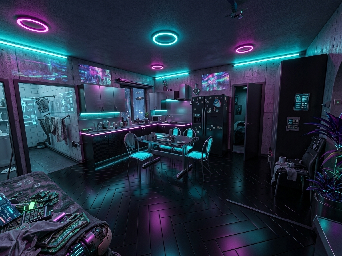 An incredibly lifelike, richly detailed, photorealistic wide-angle interior shot of a futuristic, retrofitted cyberpunk kitchen set in a high-tech, gritty urban residential apartment on a warm summer night. The scene is illuminated by humming neon tubes in electric cyan, deep magenta, and moody violet, creating a sleek, high-tech, yet gritty and atmospheric "neon noir" atmosphere. Captured with a professional 15mm ultra-wide architectural lens, emphasizing the matte liquid-sheen of polished black floor tiles, sleek brushed titanium, and the subtle shimmer of holographic wall art.

In this moody interior, the spacious layout of the original kitchen is reimagined with high-contrast, industrial-chic materials in shades of charcoal black and wet-look grays. A central dining area features a minimalist metal-framed table with a tempered dark glass tabletop, surrounded by sleek cybernetic chairs with glowing cyan mesh seats. Against the far wall, the kitchen counters are replaced with seamless brushed-black steel modules, accented by under-cabinet neon strip lighting that casts a vibrant glow across the prep area. To the right, a massive, matte-black smart refrigerator-freezer with integrated holographic touchscreens sits beside a dark wooden doorway leading to a dim, mysterious hallway. The walls, once covered in simple wallpaper, are now clad in raw, textured concrete panels displaying dynamic, shifting holographic artwork. In the corners, dark metallic shelving units house exotic, shadow-loving indoor plants with bioluminescent leaves, adding a touch of organic life to this highly stylized, futuristic home.