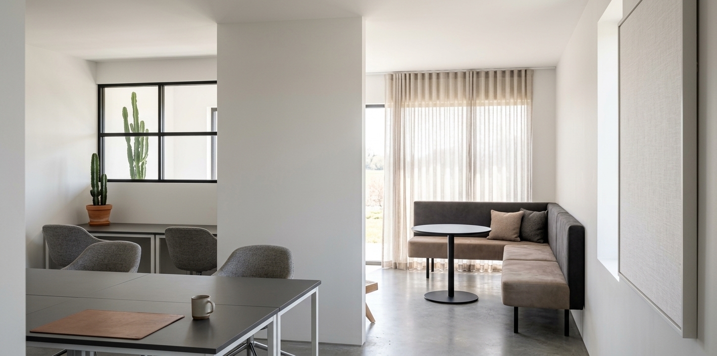 An incredibly lifelike, richly detailed, photorealistic wide-angle interior photograph of a small innovative office space and lounge set in a modern workshop designed as a minimalist haven. The scene is illuminated by bright, natural midday spring sunlight filtering through the windows, creating a serene, highly productive, and inviting atmosphere. Captured with a 24mm tilt-shift architectural lens, emphasizing the crisp clean lines, smooth matte textures, and soft diffusion of light, the composition presents a beautifully balanced spatial layout. On the left side of the frame, functional workspaces with premium charcoal-grey desktops and sleek white steel frames are paired with textured grey ergonomic office chairs. Behind them, a grid-patterned black metal window frames a vibrant, slender green cactus standing tall in the bright outdoor air. A pristine white floor-to-ceiling partition wall sharply bisects the view, separating the work hub from an intimate lounge area on the right. In this quiet corner, a custom-designed L-shaped banquette bench upholstered in high-grade taupe and charcoal micro-suede wraps around a minimalist, black circular pedestal table. Behind the seating, elegant sheer linen curtains hang in soft, vertical folds, gently filtering the spring daylight, while the seamless, continuous matte-grey concrete floor anchors the entire open-plan design in modern sophistication.