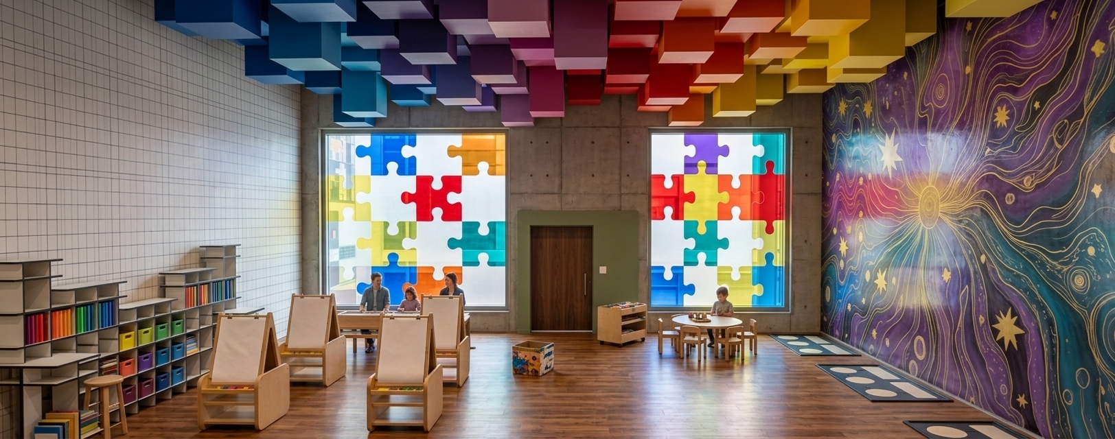 An incredibly lifelike, richly detailed, photorealistic interior photo of a retro-futuristic children's art workshop set in a modern creative learning center. The scene is illuminated by a mix of diffused daylight filtering through pattern-cut windows and soft, warm ambient light, creating an inspiring, whimsical, and highly imaginative atmosphere. Captured with a wide-angle 24mm f/8 tilt-shift lens, emphasizing the expansive scale, the rich textures of the polished wooden floor, and the dramatic overhead installations, the space bursts with color and texture. Suspended from the high ceiling is a spectacular, cascading canopy of colorful, matte-lacquered dimensional cubes arranged in a vibrant gradient spectrum from deep blues and purples to fiery reds and yellows, casting subtle geometric shadows below. The back wall features industrial-chic fair-faced concrete panels, housing two large windows decorated with playful, oversized puzzle-piece motifs in white and translucent primary colors, flanking a warm walnut-wood door framed in earthy sage green. To the right, a massive, glossy cosmic mural swirls with psychedelic patterns of purples, stellar golds, and deep teals, beautifully reflecting the soft glow of the room. On the left, modular white shelving displays neatly organized, colorful art supply bins, alongside low, child-sized wooden easels with crisp white paper sheets ready for young artists, while a circular wooden activity table with matching miniature chairs sits quietly in the corner, completing this meticulously designed, warm-toned creative workspace where retro-futuristic flair meets functional, inspiring play design.