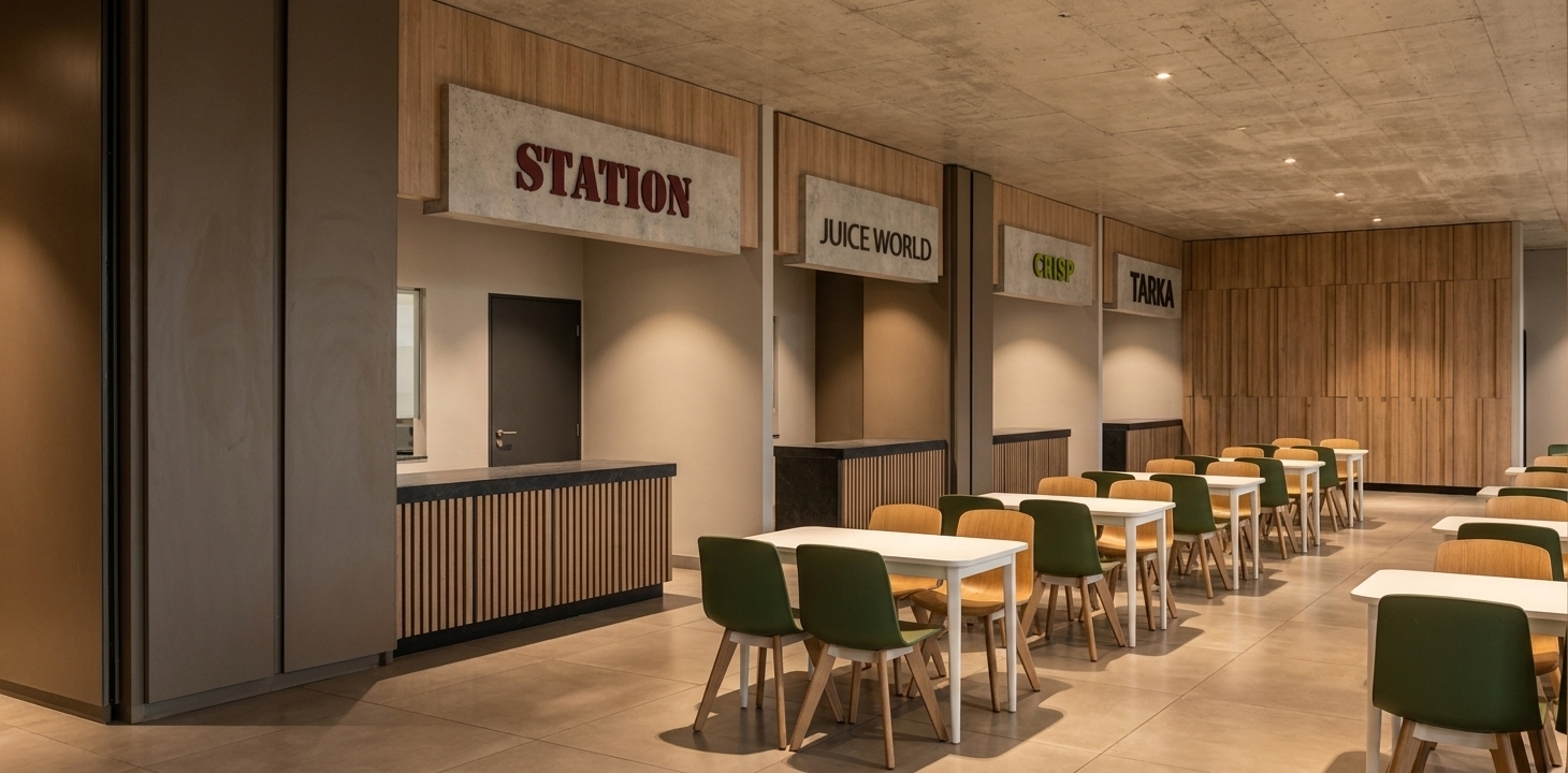 An eye-level wide-angle professional photograph captures this modern cafeteria interior under warm, inviting ambient light. The ceiling is rendered as a naked raw concrete slab with realistic industrial formwork textures and subtle imperfections, while the floor is tiled with large-format, matte beige-toned checkerboard pattern ceramic tiles with fine grout lines and soft, diffuse reflections. The dining tables feature clean matte white laminate tops, flanked by mismatched chairs in forest green compost and warm natural oak wood. Along the stalls, the service counters are faced with delicate vertical timber slats topped by dark honed charcoal stone counters. Above these counters, dimensional signs are mounted on textured cast concrete panels: the first reads STATION in deep red lettering, followed by JUICE WORLD, CRISP, and TARKA, all integrated seamlessly into the warm wooden bulkheads. The back feature wall is clad in matching vertical wood panels. Soft architectural downlighting projects gentle pools of light, casting realistic contact shadows beneath the furniture and highlighting the rich micro-textures of the wood grain, matte plastic, concrete, and tile surfaces. A crisp depth of field and subtle lens vignetting enhance the overall natural, photorealistic atmosphere of the space.