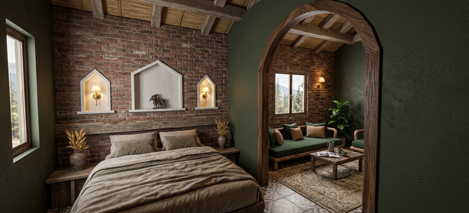An incredibly lifelike, richly detailed, photorealistic wide-angle interior photo of a cozy, cabin-inspired hotel suite set in a nestled alpine mountain escape. The scene is illuminated by the soft, warm glow of elegant wall sconces and gentle daylight filtering through a rustic window, creating an inviting and comfortable atmosphere. Captured with a professional wide-angle lens, emphasizing the rich, tactile textures of weathered red brick, natural wooden grains, and woven ceiling paneling, the composition guides the eye from the intimate sleeping quarters to a relaxed lounge. The bedroom features a plush bed dressed in layers of warm neutral-toned linens, set against a rugged red brick accent wall. Recessed within white-framed arched niches above the bed are mountain-inspired decor sculptures and classic brass light fixtures. A magnificent, sturdy wooden archway frames the view into the adjoining living space, which features robust, log-style wooden furniture, a cozy sofa adorned with deep green and warm neutral cushions, an ornate rug, and a rustic coffee table styled with a photography book. A vibrant indoor plant sits tucked in the corner, enhancing the natural, alpine-inspired material palette of deep greens, earthy browns, and raw brickwork.