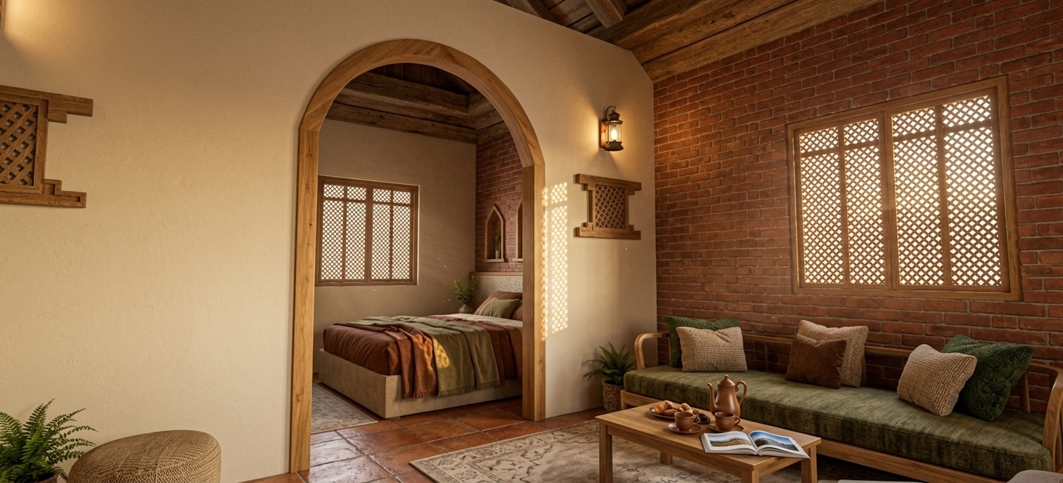 An incredibly lifelike, richly detailed, photorealistic wide-angle interior photo of a hotel room set in a serene mountain escape. The scene is illuminated by warm, ambient golden-hour light filtering through the lattice windows, creating a cozy and inviting alpine atmosphere. Captured with a professional 35mm lens, emphasizing the rich textures of the exposed red brick wall, rugged natural wooden beams, and soft-woven fabrics, the suite showcases a rustic, cabin-inspired design. In the foreground, a sturdy wooden daybed features comfortable plush pillows in shades of deep greens, browns, and warm neutrals, set beside a low-profile coffee table with a warm tea service and an open photography book. A grand, naturally finished wooden archway seamlessly frames the cozy bedroom in the background, where a soft bed is layered with textured earthen-toned linens. Elegant alpine-inspired details, such as traditional wooden mashrabiya-style window screens, rustic mountain-inspired decor, potted indoor plants, and warm terracotta floor tiles, complete this comfortable, nestled mountain retreat.
