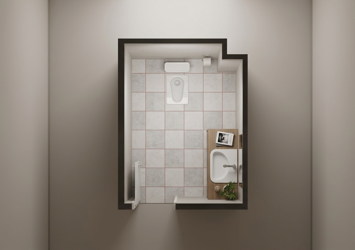 An incredibly lifelike, richly detailed, photorealistic top-down architectural photograph of a compact, minimalist bathroom set in a highly refined residential interior. The scene is illuminated by soft, diffused overhead lighting, creating a serene, uncluttered, and Zen-inspired atmosphere. Captured with a professional medium format camera equipped with a sharp tilt-shift lens, emphasizing the immaculate grid-aligned textures of the matte floor tiles and the glossy porcelain fixtures. The floor features elegant square tiles in shades of off-white and soft gray, defined by neat, subtle pastel-red grout lines. Centered at the top, a modern, pristine white porcelain squat toilet is seamlessly set into the floor. On the right, a sleek, streamlined wooden vanity features a clean-lined sink with a minimalist, polished chrome faucet. On the vanity’s clutter-free surface, a small green indoor plant in a ceramic pot brings a touch of life alongside a small, neatly displayed photography book. The entire space exudes a functional, elegant simplicity with no unnecessary decor.