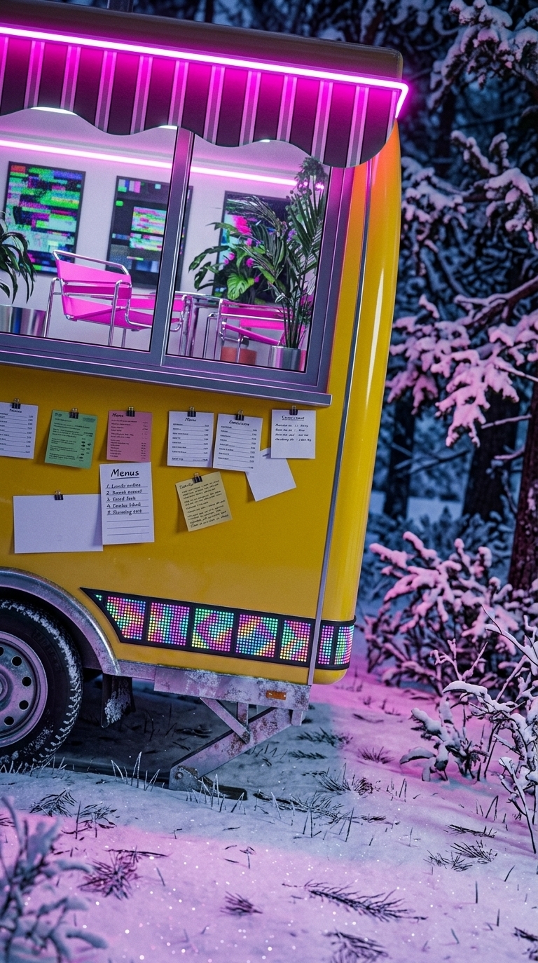 An incredibly lifelike, richly detailed, photorealistic medium-wide shot of a retro-futuristic modular micro-cabin house exterior set in a snow-covered, quiet pine forest clearing during a cold winter night. The scene is illuminated by vibrant magenta, electric pink, and cyan neon light strips beneath a wavy, stylized awning canopy, casting a warm, glowing, and surreal techno-wonderland atmosphere onto the glistening white snow. Captured with a professional 50mm lens at f/1.8, emphasizing the brilliant, glossy finish of the cabin's banana-yellow curved composite paneling, the crisp metallic edges of the sliding aluminum window frames, and the sparkling texture of the fresh snow blanketing the ground. Through the large glass service-style window, an eclectically styled interior is visible, featuring sleek modular neon-pink and chrome metal furniture, lush green indoor plants, and striking digital glitch art hanging on the walls. The lower skirt of this innovative dwelling features integrated dynamic LED matrix panels displaying colorful, shifting geometric patterns, while a robust steel stabilization leg anchors the whimsical, futuristic structure to the frosty earth, perfectly merging high-tech, playful design with the raw beauty of a winter wonderland.