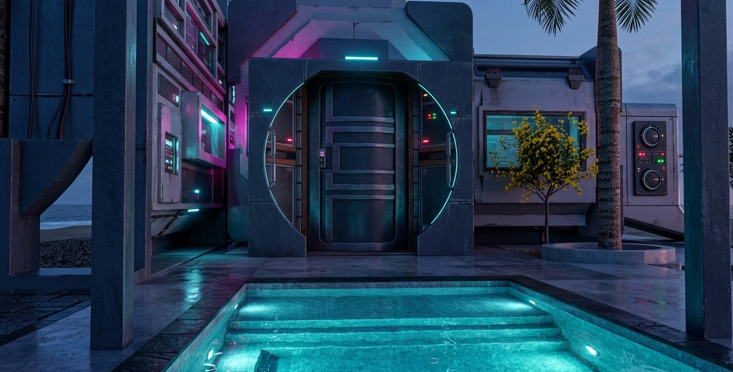 An incredibly lifelike, richly detailed, photorealistic wide-angle architectural photo of a sleek, space-shaped modular villa set in a tropical beach environment at dusk. The scene is illuminated by high-contrast neon noir lighting with deep blues, glowing magenta, and electric cyan highlights, creating a mysterious, retro-futuristic atmosphere. Captured with a professional 35mm anamorphic lens, emphasizing the brushed titanium textures of the facade, the soft ripples of the pool, and the natural bark of the palm tree...

The futuristic, sci-fi-inspired villa features a prominent, circular-framed steel security door serving as the architectural centerpiece, framed by massive slate-colored columns. In the foreground, a beautifully integrated outdoor pool area showcases glowing turquoise water and submerged steps that shimmer under the atmospheric night sky. To the right, a slender palm tree and a small, vibrant yellow-flowered shrub rise from minimalist geometric planters, seamlessly blending organic coastal elements with the high-tech, cyberpunk structure. The smooth, damp concrete deck surrounding the pool reflects the neon glow of the villa's intricate control panels, heightening the luxurious yet moody coastal ambiance of this futuristic sanctuary.