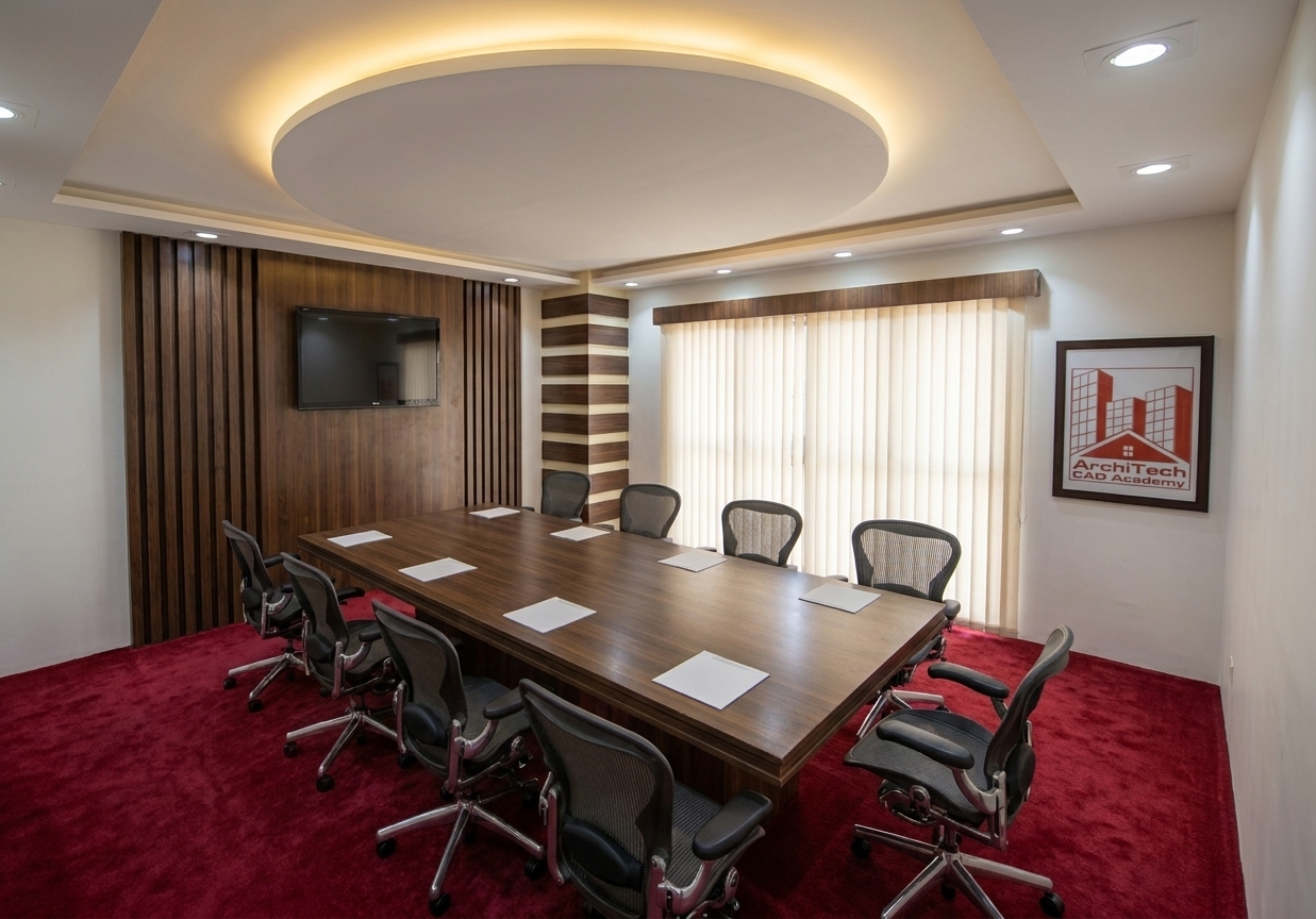 A professional wide-angle architectural photograph of a modern corporate conference room, precisely maintaining the composition, geometry, and placement of all elements from the original scene. The large central conference table is crafted from rich, dark-stained walnut with a satin finish that catch soft, realistic reflections from the ceiling lights. Surrounding the table are modern ergonomic office chairs with detailed dark mesh backrests, textured fabric seats, and metallic bases with subtle highlights. The floor is a low-pile carpet in a deep crimson red, showing a realistic textile weave. Soft, diffused daylight enters through the vertical blinds in the background, blending naturally with the warm, ambient light cast by the recessed spotlights and the circular cove lighting feature in the white plaster ceiling. The left wall features vertical dark wood paneling that houses a sleek black screen, while the column is detailed with alternating wood and off-white bands. Capturing the scene as a genuine photograph, the image features sharp focus, natural color grading, fine textures on the walls and fabrics, and subtle lens characteristics like soft corner vignetting and realistic highlights.