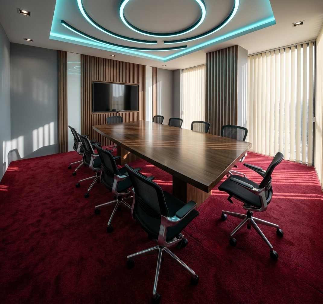 An incredibly lifelike, richly detailed, photorealistic wide-angle interior shot of a high-end corporate meeting room set in a modern city office building during the spring. The scene is illuminated by a dramatic combination of bright, crisp midday sunlight filtering through vertical window blinds and moody, cyan-hued neon ring ceiling lights, creating a sophisticated neon-noir atmosphere. Captured with a Hasselblad H6D-100c and a 24mm wide-angle lens, emphasizing the rich textures of the polished wood and the soft plushness of the red carpet.

The center of the frame is dominated by a majestic, rectangular conference table crafted from dark walnut wood with a flawless, mirror-like polished finish that captures soft reflections from the ceiling. Arranged neatly around the table are modern ergonomic office chairs featuring black mesh backs, flexible lumbar supports, and polished aluminum frames with five-star wheeled bases. 

Underneath, the floor is clad in a thick, textured low-pile carpet of a deep, saturated crimson red, adding warmth and a striking burst of color to the room. The ceiling features an intricate architectural design: a large, shallow-recessed oval containing two circular suspended gypsum boards. These circular panels are trimmed with glowing, integrated LED neon rings emitting a cool cyan-turquoise light, while square-recessed spotlights glow subtly at the outer corners of the ceiling.

On the back wall, vertical walnut wood slats align perfectly, framing a central solid wooden panel where a large, sleek flat-screen television is seamlessly mounted. To the right of the wood paneling, a prominent structural column stands, decorated with alternating bands of dark wood and white lacquered inserts. To the far right, massive floor-to-ceiling windows are partially shielded by cream-colored vertical blinds, allowing slivers of bright midday spring light to slice across the gray-painted side walls and the floor, casting sharp, elegant geometric shadows that heighten the room's cinematic, noir-inspired ambiance.