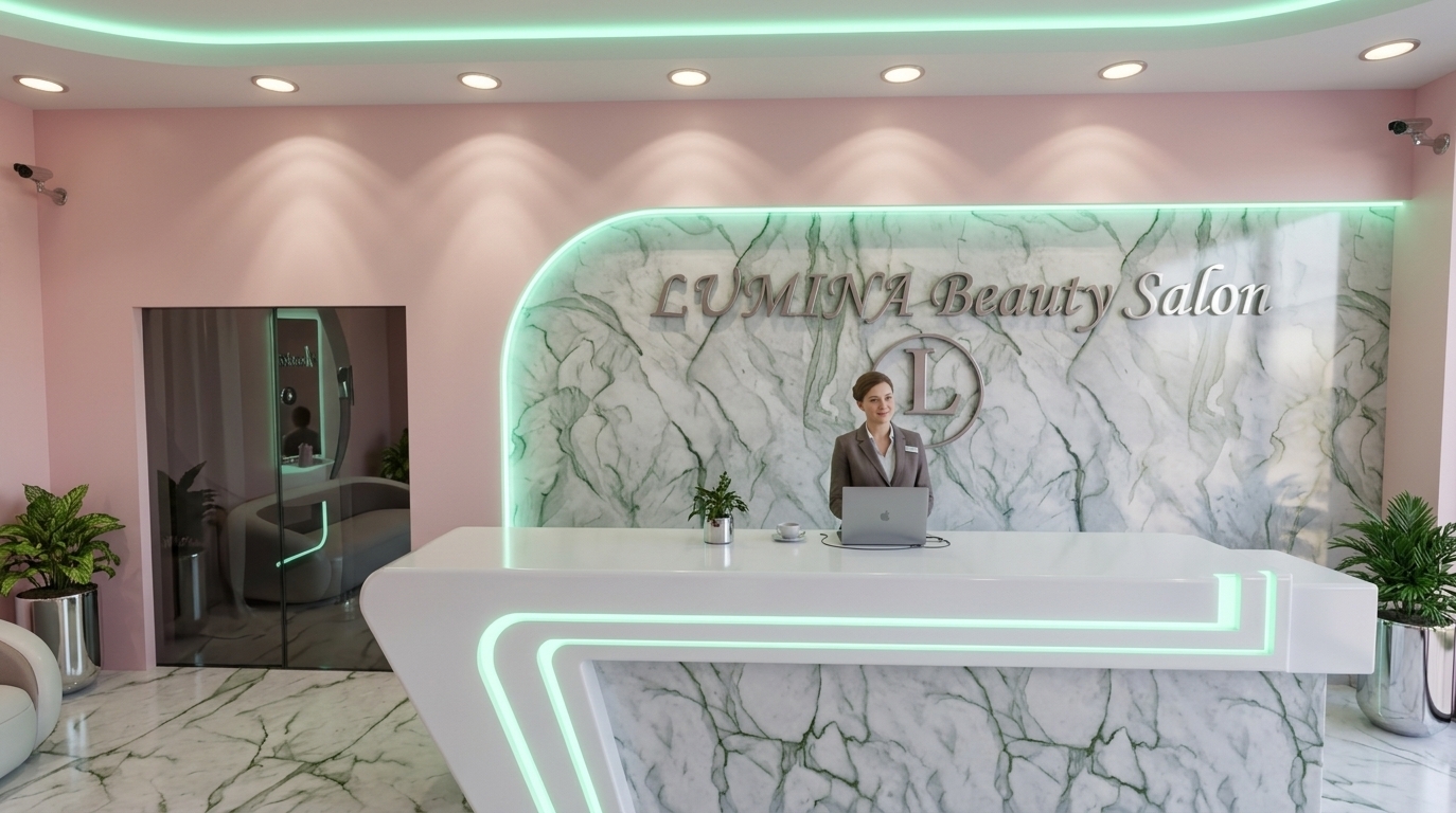 An incredibly lifelike, richly detailed, photorealistic wide-angle architectural shot of a retro-futuristic reception lobby designed as a home office suite, set in a bright, stylish spring interior during midday. The scene is illuminated by a mix of warm overhead spotlights casting soft light patterns down the pastel pink walls and vibrant, cool mint-green neon strips hidden behind a curved stone backdrop and integrated into the desk, creating a nostalgic yet space-age atmosphere. Captured with a 24mm f/8 perspective-control lens, emphasizing the sharp, clean textures of the ultra-glossy materials alongside the rough, tactile grey stone of the focal wall. At the center stands a streamlined, geometric reception desk constructed of polished white-lacquered composite and a marble front with light green veining, where a professional receptionist stands operating a sleek laptop. To the left, a smoky-glass sliding door reveals a glimpse of an elevator vestibule, while the room's corners show-off futuristic round-edged furniture, metallic accents, and pops of lush indoor foliage in polished chrome planters, perfectly melding mid-century design with pioneering, bold sci-fi aesthetics.