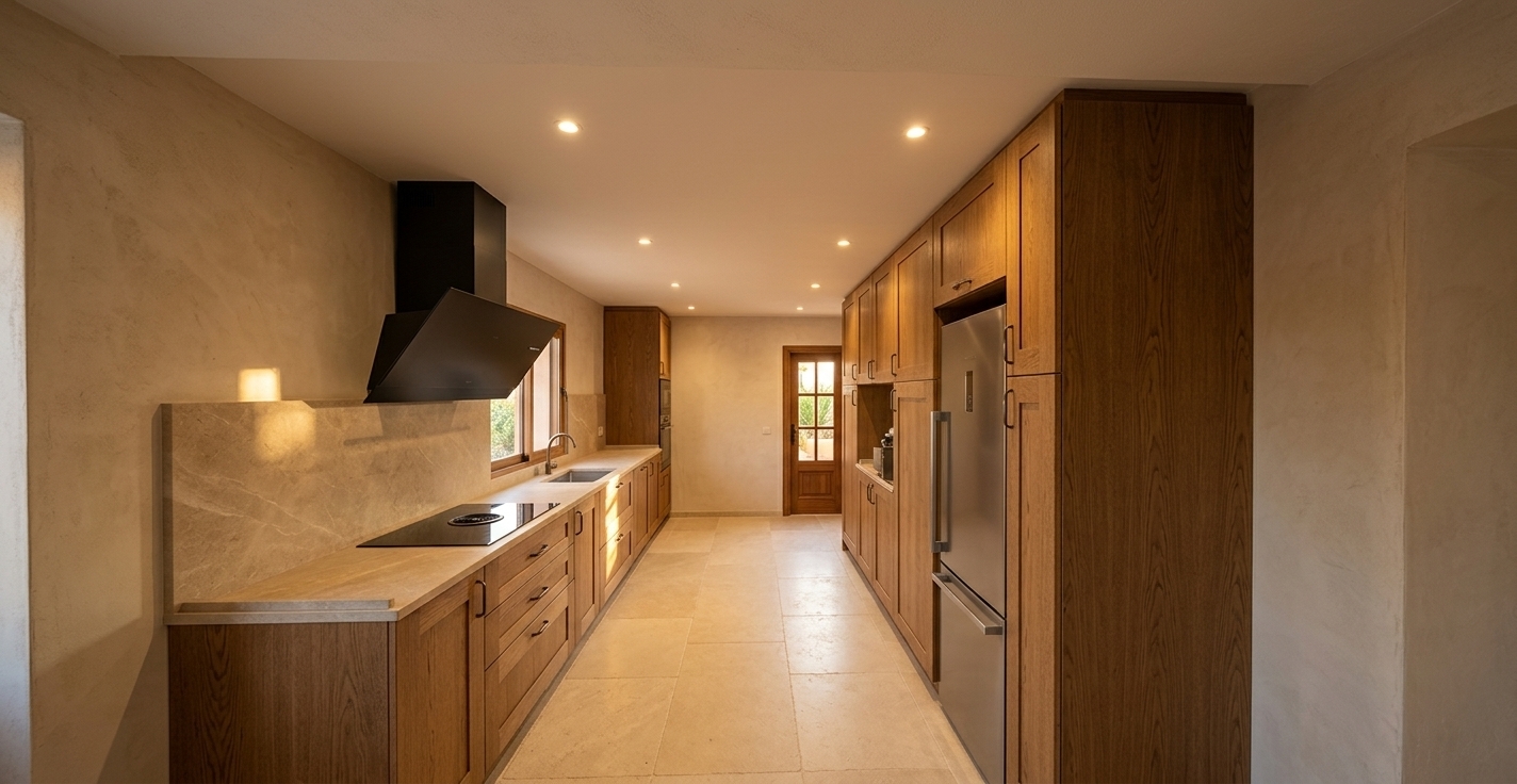 An incredibly lifelike, richly detailed, photorealistic wide-angle interior shot of a bespoke galley kitchen set in a modern Moroccan villa. The scene is illuminated by warm, golden late-afternoon sunlight filtering through a side window and glowing recessed overhead lights, creating a serene, earthy, and inviting atmosphere. Captured with a Hasselblad H6D-100c with a 24mm lens, emphasizing the tactile grain of medium oak wood, the velvety finish of honed beige natural stone, and the organic texture of hand-finished plaster walls...

The kitchen beautifully balances rustic Moroccan warmth with clean, contemporary lines. Along the left side, the countertops and a full-height backsplash are crafted from a solid slab of matte beige natural stone, displaying delicate, organic vein patterns. A modern black induction cooktop sits flush within the beige stone, crowned by an elegant, angular matte-black range hood. The cabinetry below and on the opposite pantry wall is finished in a rich, framed medium oak wood ("roble medio") with a visible, tactile grain and slender dark metallic handles. On the right, the floor-to-ceiling oak cabinet units seamlessly integrate a professional-grade, brushed stainless steel refrigerator. Underfoot, large-format, softly textured cream limestone floor tiles ground the space, leading the eye toward a handsome paneled wooden door at the far end that hints at a sun-drenched courtyard just beyond.