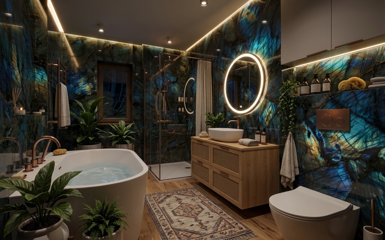 An incredibly lifelike, richly detailed, photorealistic interior photo of a luxury hotel bathroom set in an elegant modern fusion aesthetic during the night. The scene is illuminated by warm, indirect LED trails, recessed ceiling spotlights, and a soft, circular halo from a backlit mirror, creating a deeply intimate, moody, and serene atmosphere. Captured with a professional wide-angle lens, the composition emphasizes the spectacular iridescence of Lumia Labradorite wall cladding—replacing the black tiles with hypnotic, crystalline flashes of peacock blue, deep teal, and gold that shimmer under the low artificial lighting. In the foreground, a smooth, matte white freestanding soaking tub sits surrounded by lush potted ferns and plants, while a vanity features light-wood cabinetry with woven cane drawer fronts, topped with a white vessel sink. Adjacent, a sleek wall-mounted toilet with a rose-gold flush plate contrasts beautifully against the rich, shimmering labradorite backdrop, while a vintage-patterned runner rug softens the warm, natural timber floorboards, highlighting a sophisticated sanctuary that seamlessly fuses organic warmth with high-end luxury.
