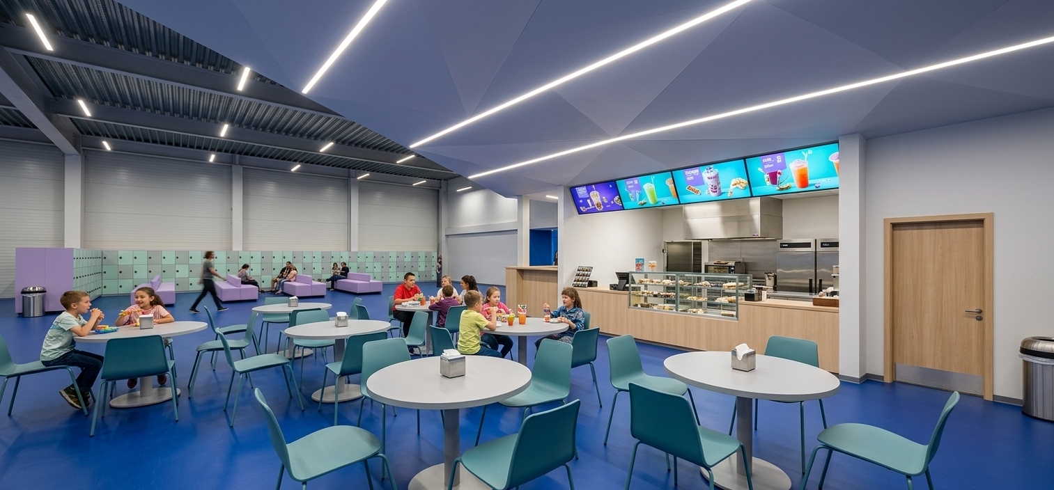 An incredibly lifelike, richly detailed, photorealistic wide-angle interior photo of a vibrant, techno wonderland-themed restaurant set in a modern family entertainment complex. The scene is illuminated by crisp, recessed linear LED strip lights running along a dramatic, faceted ceiling, creating a futuristic and energetic atmosphere. Captured with a professional 24mm architectural lens, emphasizing the seamless expanse of the deep cobalt blue vinyl flooring and the smooth matte textures of the molded plastic dining chairs, the space feels open and alive. Groups of excited children and families sit around circular light-grey dining tables, chatting and enjoying snacks on the sleek, teal-colored chairs. To the right, a minimal light-wood service counter features glass display shields and bright, glowing digital menu screens displaying colorful drinks. In the deep background, under a textured, exposed industrial corrugated steel ceiling, pastel-toned mint green lockers and lilac-purple lounge benches are occupied by patrons, completing this playful, high-tech dining environment.