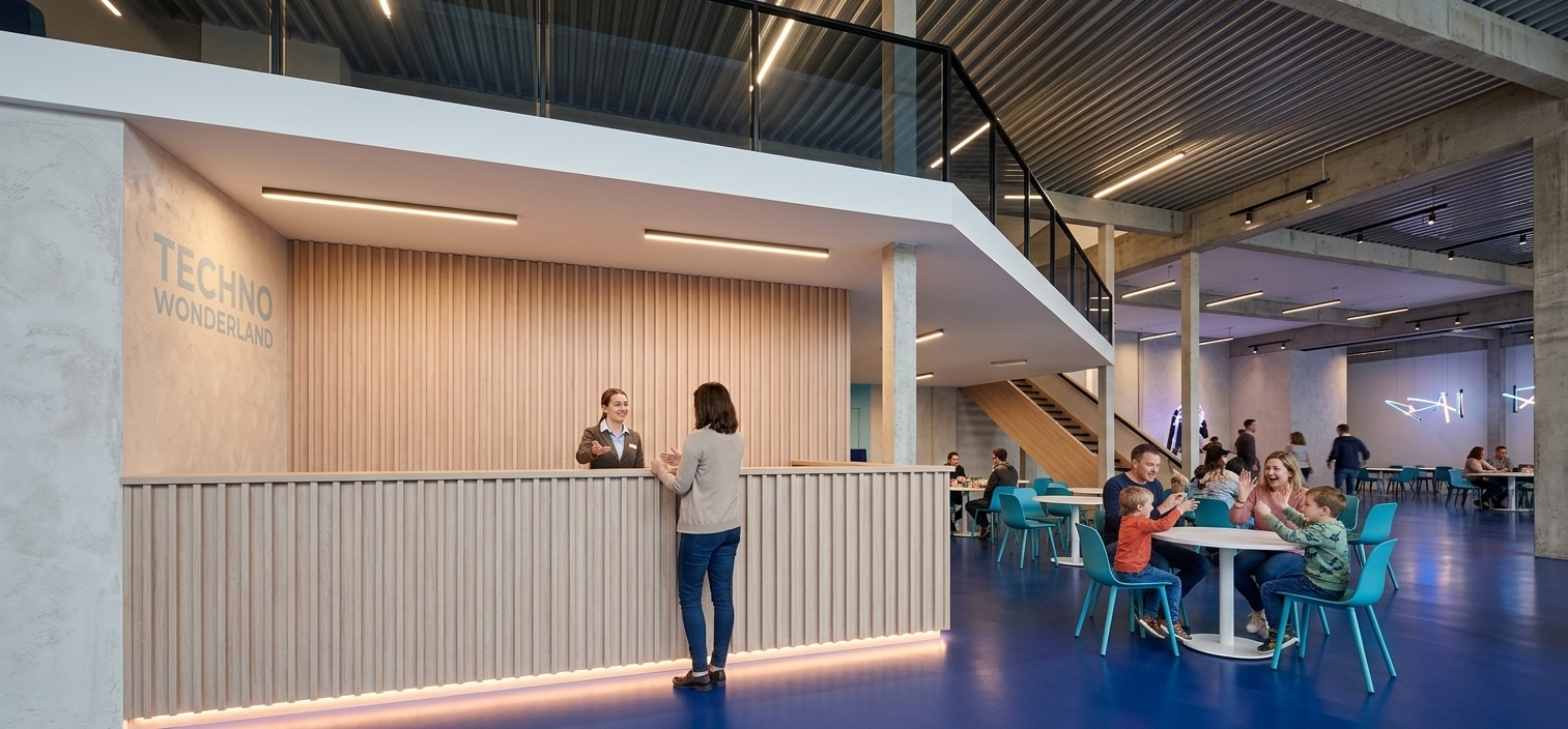 An incredibly lifelike, richly detailed, photorealistic wide-angle interior photograph of a bustling "techno wonderland" themed restaurant set in a spacious, double-height industrial hall. The scene is illuminated by crisp, recessed linear LED ceiling lights and a warm, glowing LED accent underlighting that emphasizes the texture of the corrugated light-wood laminate reception desk, creating a vibrant, playful, and energetic atmosphere. Captured with a professional 24mm tilt-shift lens, emphasizing the sharp structural lines, the deep cobalt-blue seamless resin floor, and the contrast of light wood against raw concrete. 

Sitting behind the softly glowing, underlit corrugated desk is a friendly staff member greeting arriving guests. The open dining area beyond is filled with life; several families, featuring parents chatting and energetic kids gesturing playfully, are seated at round white modern tables on sleek turquoise chairs. Overhead, a sharp, angular white mezzanine with smoked glass and black-framed guardrails defines the upper level, connected by a light timber staircase. The raw, ribbed industrial steel deck ceiling and exposed concrete support beams add a loft-like architectural scale to this dynamic, family-friendly culinary space.